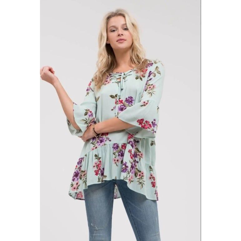 Other Blu Pepper Floral Tunic Top W/ Lace-Up Neckline & Ruffle Hem Size S / US 4 / IT 40 - 1 Thumbnail
