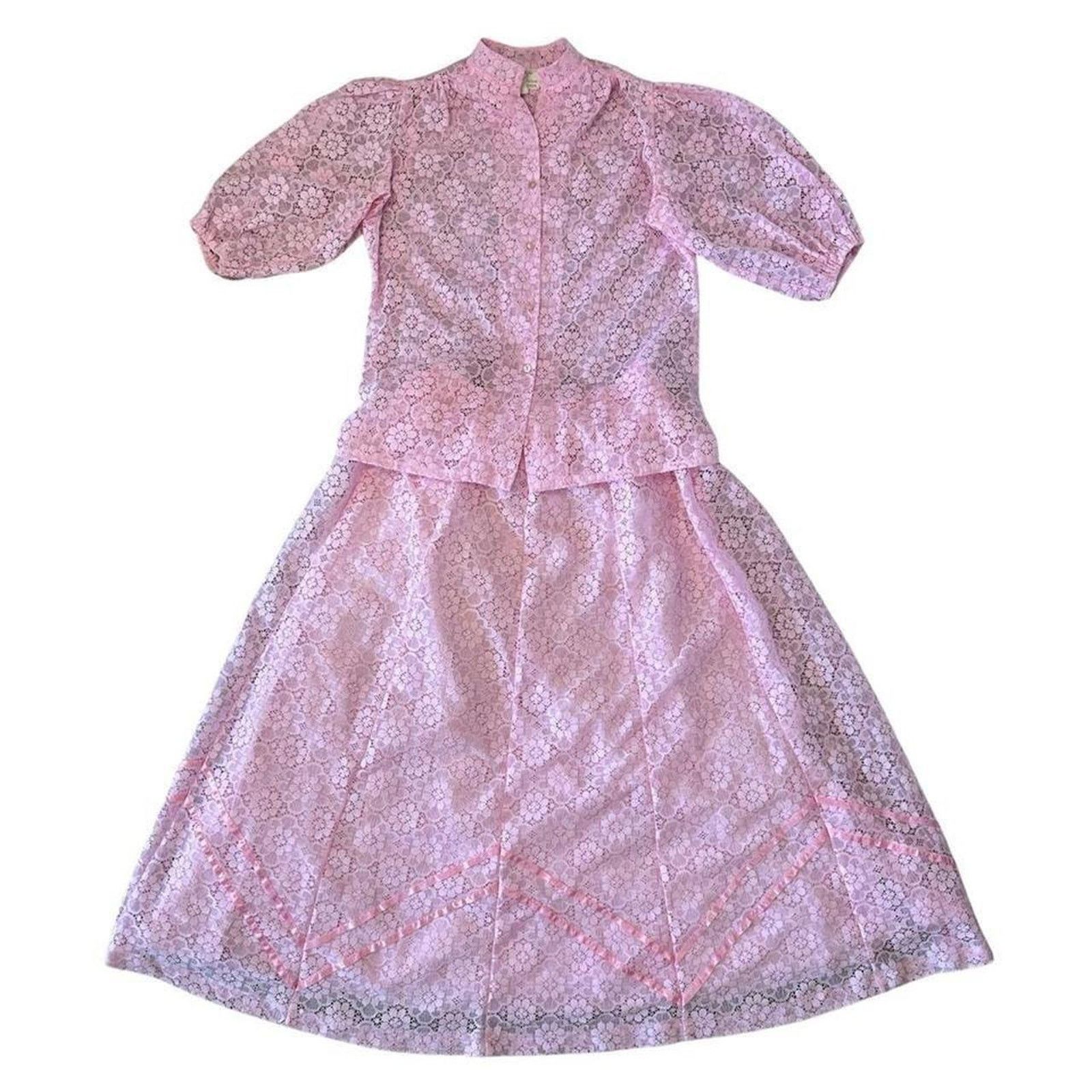 Vintage 70s vintage prairie skirt blouse set sz M pink puff sleeve Size 32" / US 10 / IT 46 - 1 Thumbnail