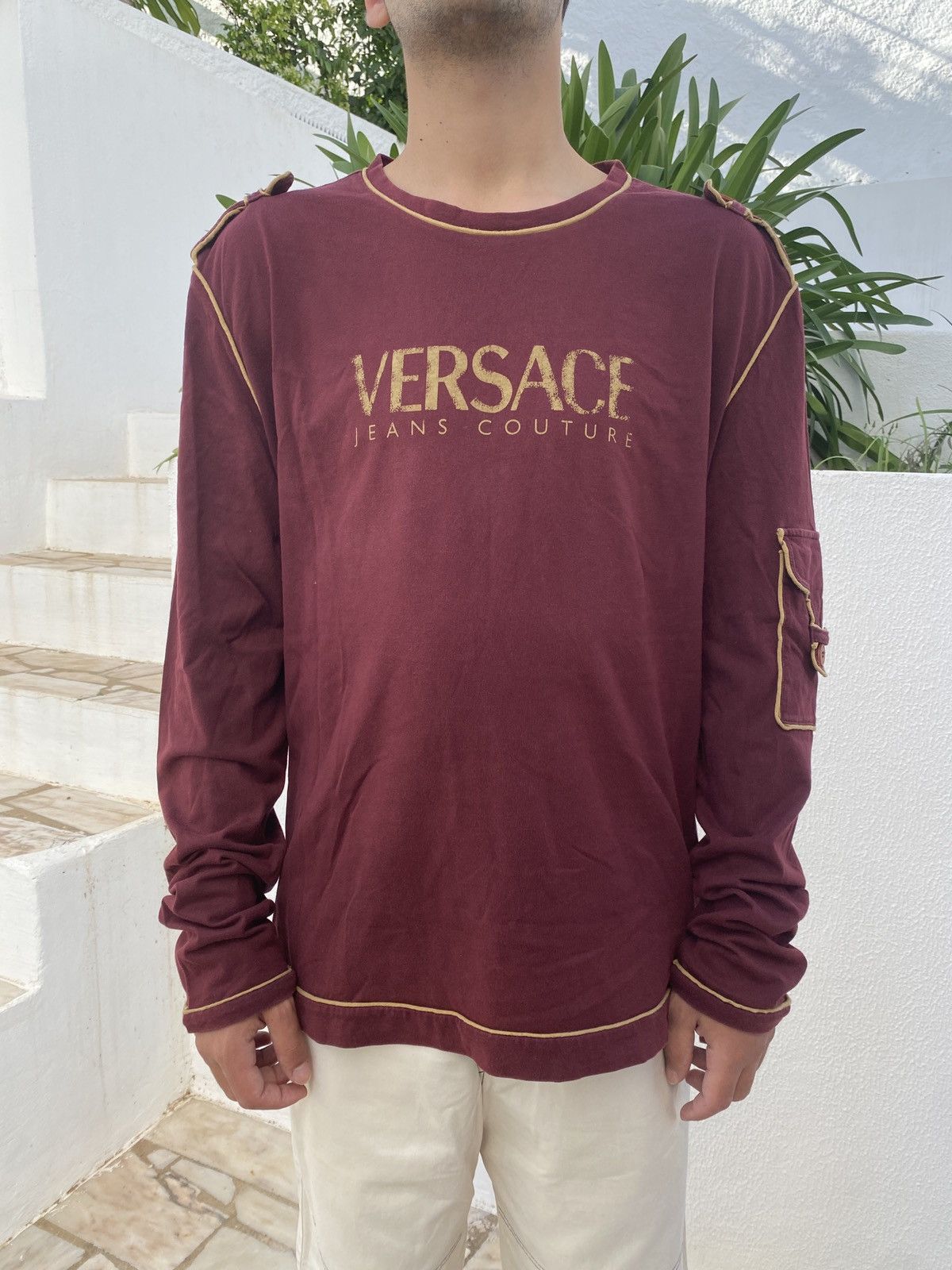 image of Versace Spellout Longsleeve in Burgundy, Men's (Size XL)