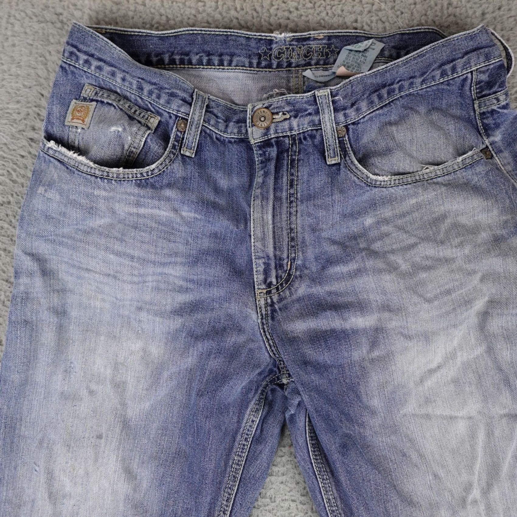 Denime Cinch Jeans Mens 35 (32x32 Actual) Blue Denim Light Wash Western Work Wear Jeans Mens Regular Blue USA 90s Style Size US 35 - 6 Thumbnail