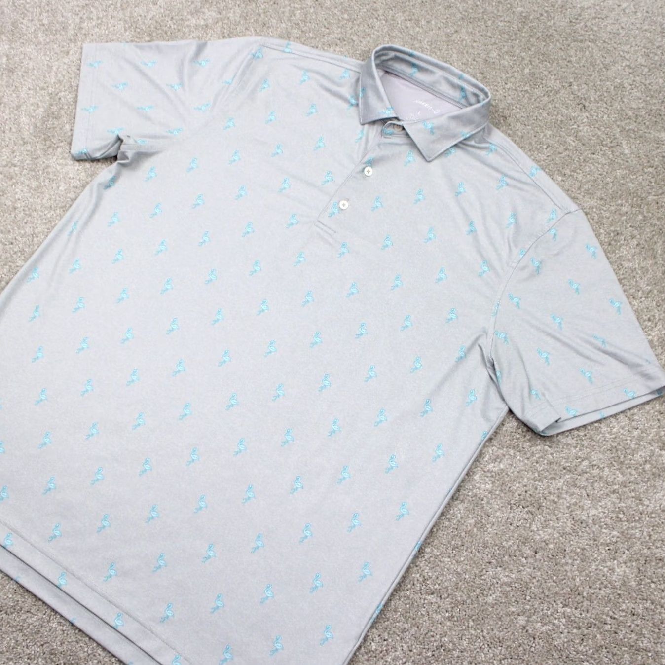 johnnie-O Johnnie-O Polo AOP Shirt Mens Large Gray w/ Blue Flamingos All Over Print S/S Size US L / EU 52-54 / 3 - 3 Thumbnail