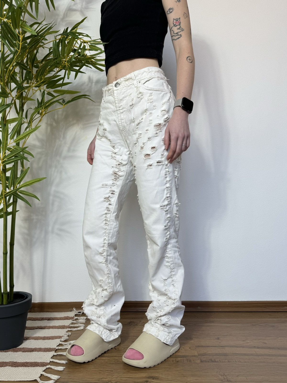 image of Italian Designers x Just Cavalli Roberto Cavalli Flare Distressed Opium Style Pants in White, Women