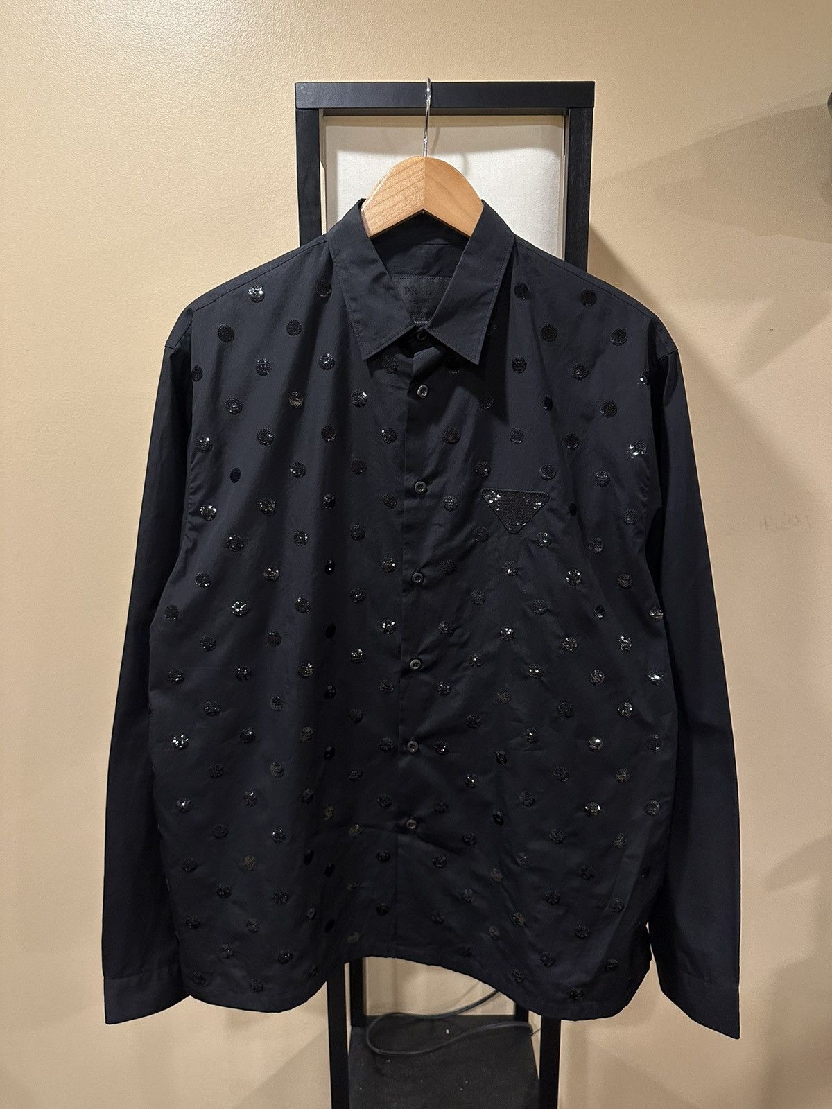 Prada Sequined Embellished Polka Dots Logo Button Up Shirt