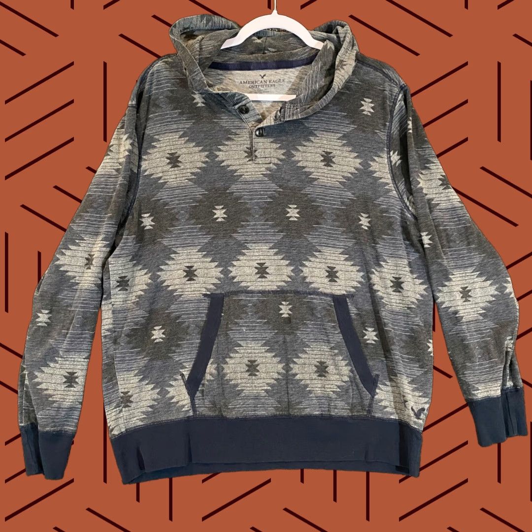 American Eagle Outfitters American Eagle Hoodie Mens Large Blue Gray Aztec Southwestern Pullover Size US L / EU 52-54 / 3 - 1 Thumbnail