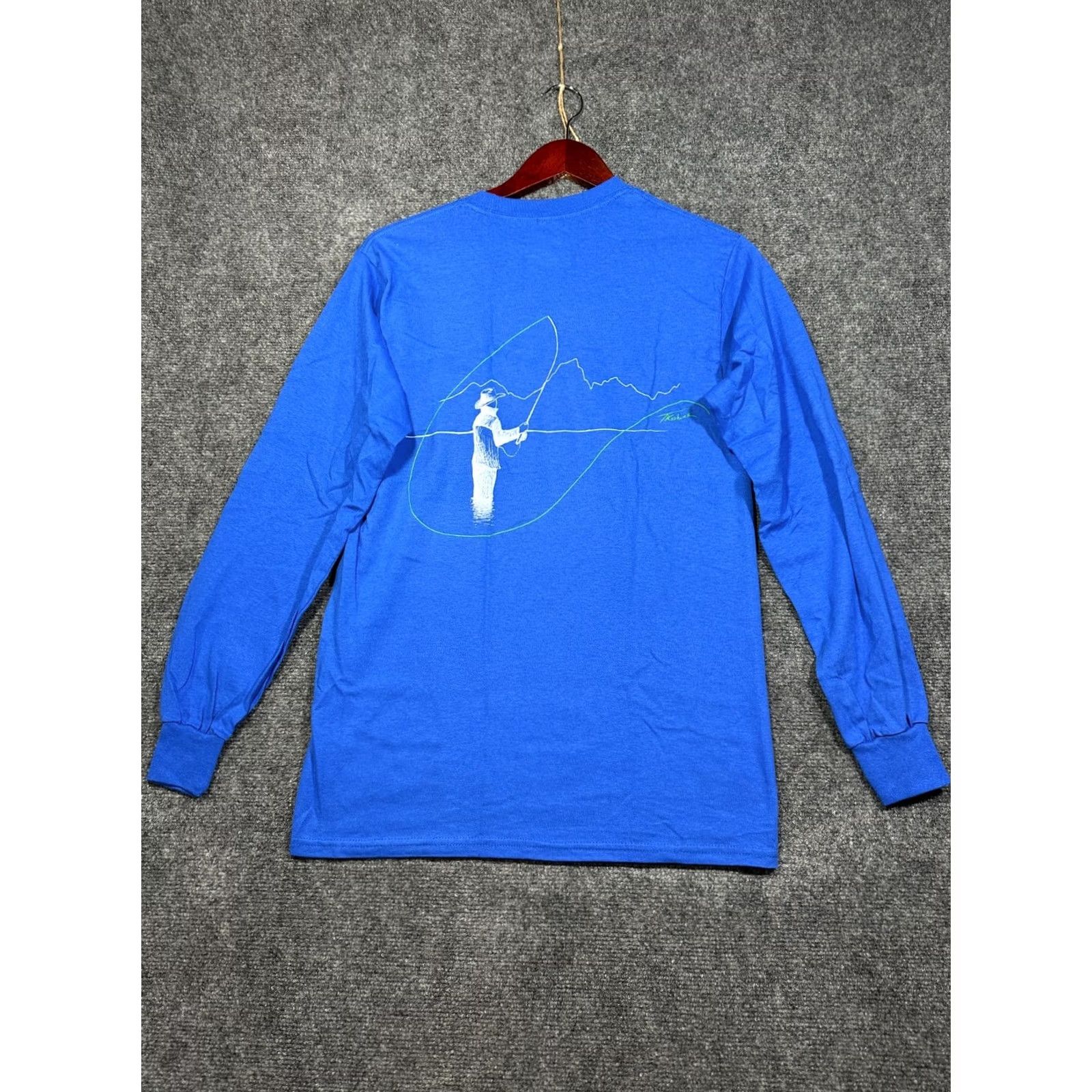 Vintage Give'r Your All Tee Shirt Mens Small Blue Cotton Long Sleeve Crew Neck Fly Fishing Graphic Size US S / EU 44-46 / 1 - 7 Thumbnail