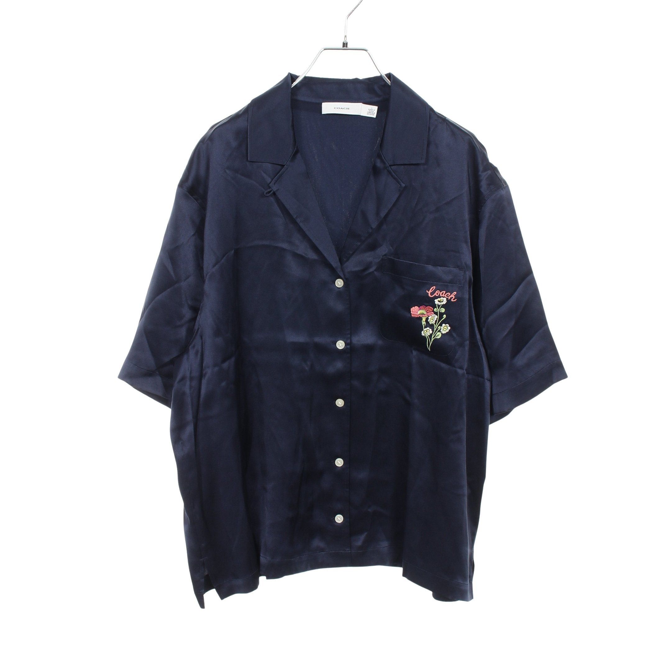 Coach Coach Top Floral Embroidery Shirt Short Sleeve Silk Navy Size ONE SIZE - 1 Thumbnail