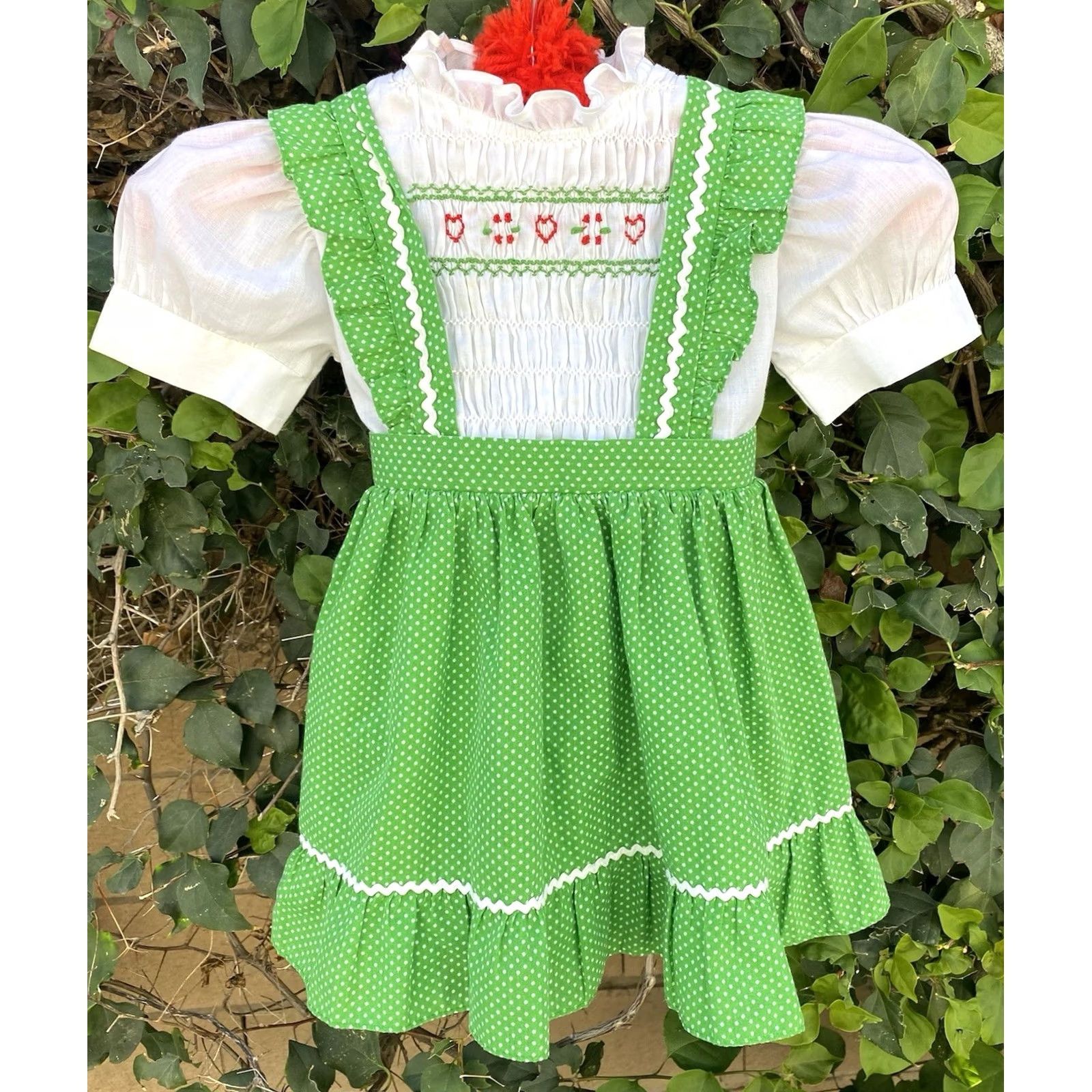 Vintage VINTAGE Polly Flinders Hand Smocked Dress Green Polka Dot Girls Size 4 70s 80s Size ONE SIZE - 2 Thumbnail