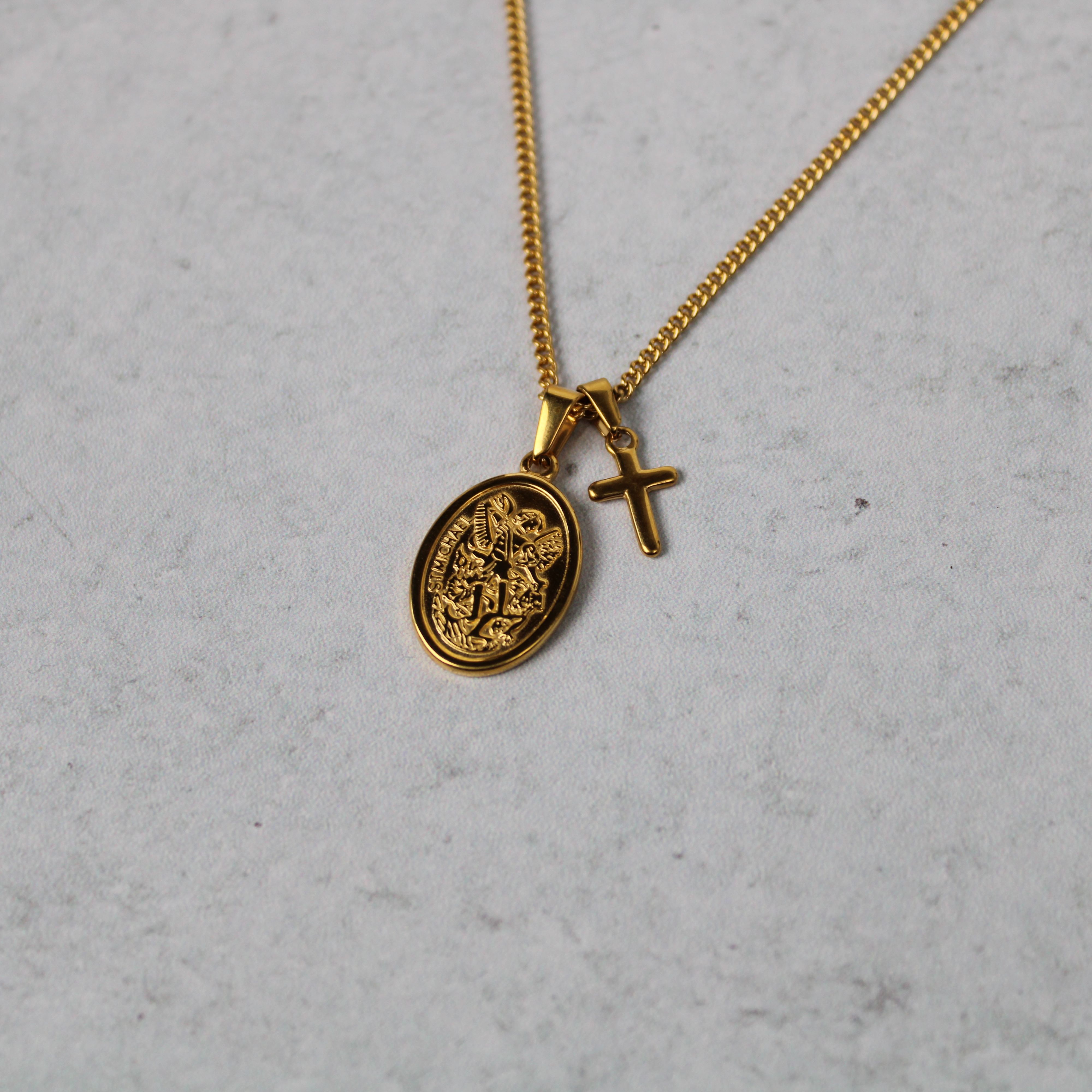Jewelry Gold Saint Michael and Mini Cross Pendant Necklace Set Size ONE SIZE - 4 Thumbnail