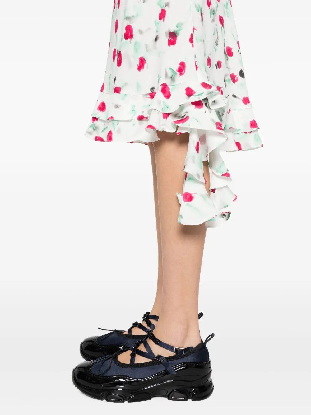 Marni o1w1db10125 Floral Ruffle Midi Dress in White/Dark Pink Size XL / US 12-14 / IT 48-50 - 5 Thumbnail