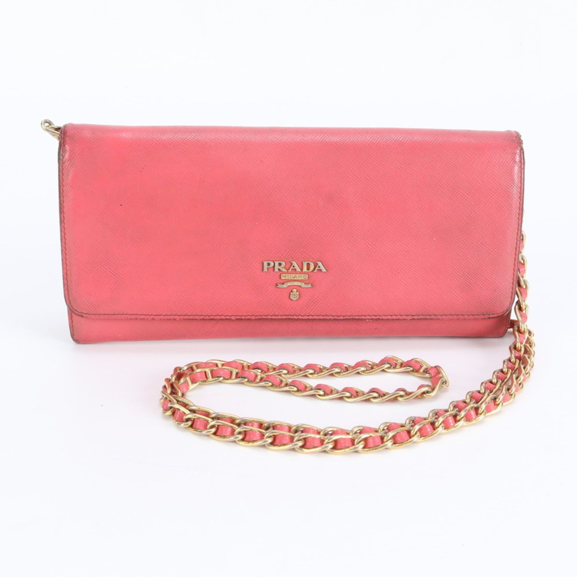 Prada Saffiano Leather Chain Shoulder Wallet Long For Women in Pink