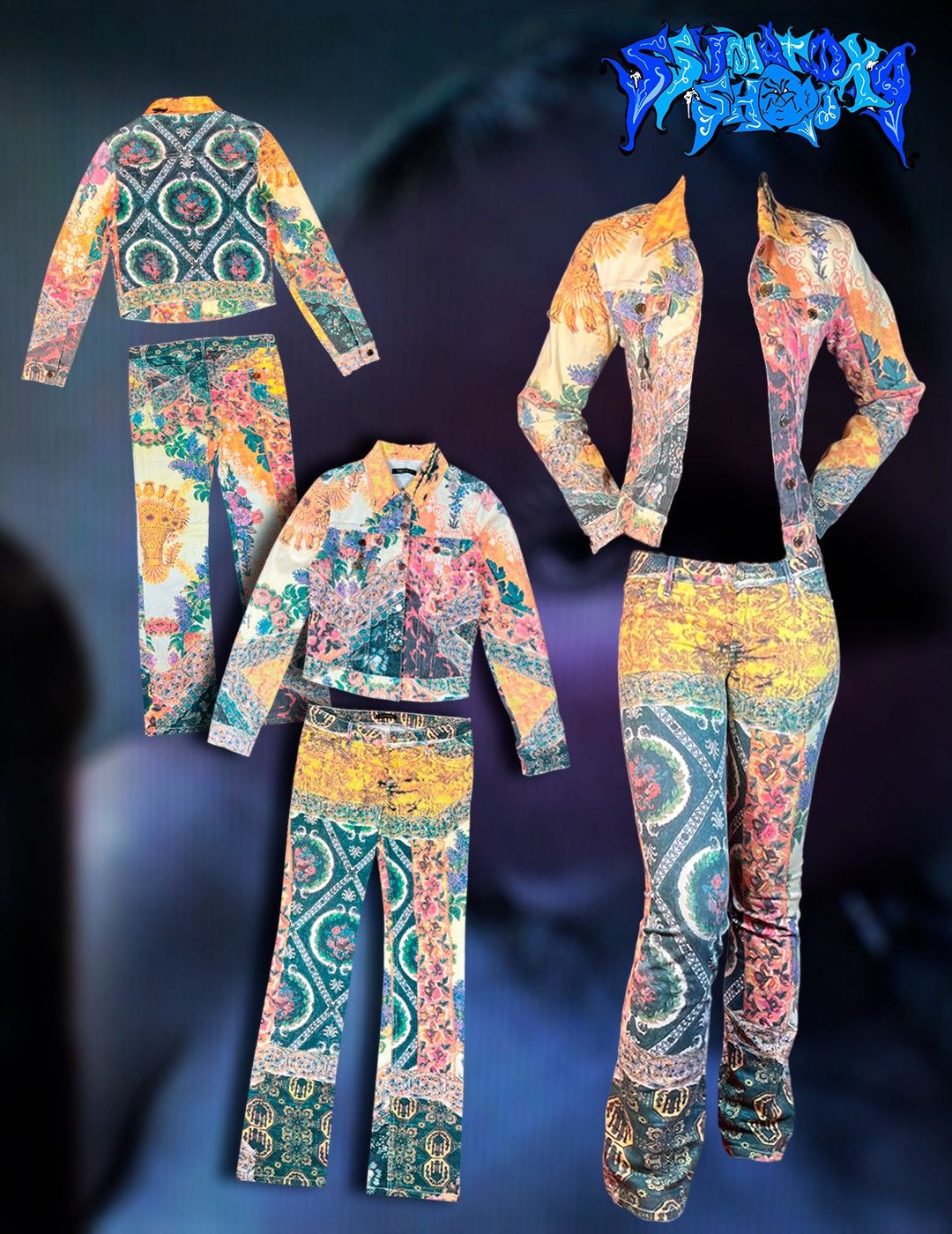 Roberto Cavalli Roberto Cavalli 2003 Printed Jacket & Jeans Set Patchwork Size 25" / US 0 / IT 36 - 1 Thumbnail