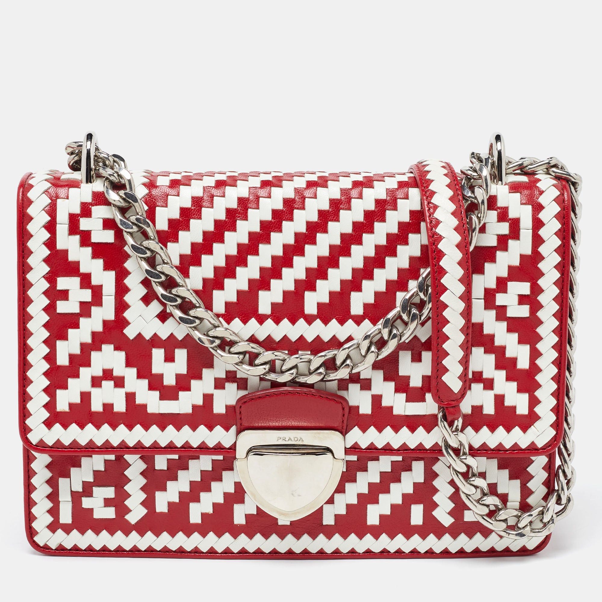 image of Prada Red/white Madras Woven Leather Pushlock Flap Bag, Women's
