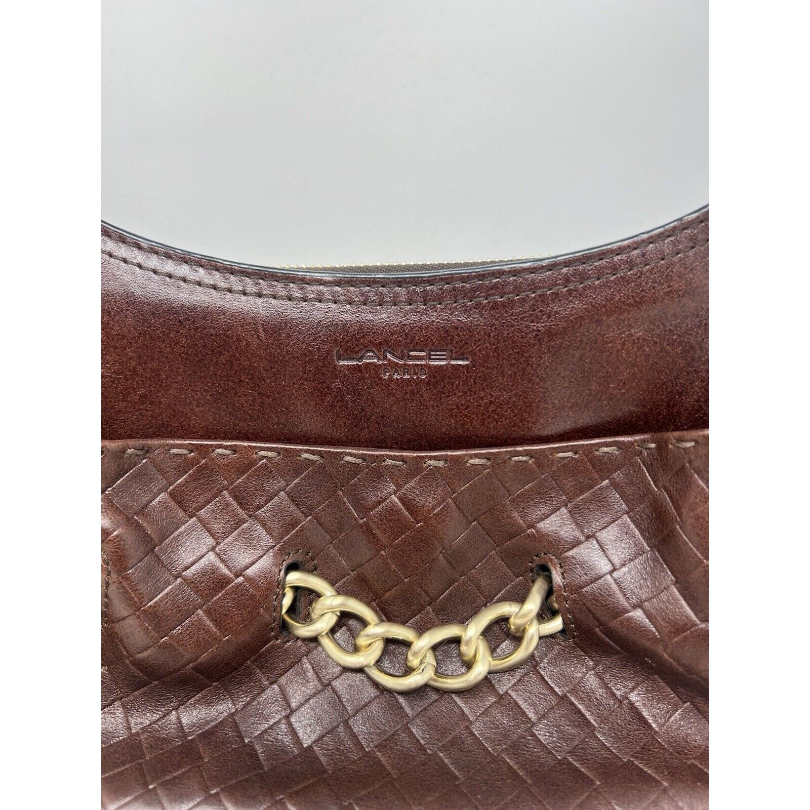 Lancel Lancel [Authentic] Curb Dark Brown Leather Weave Gold Chain Size ONE SIZE - 3 Thumbnail
