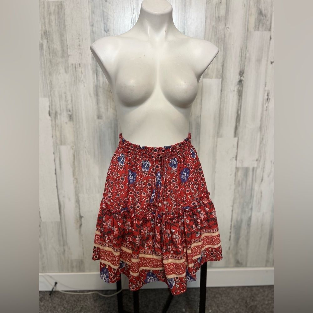 Other Red Boho Floral Ruffle Skirt Womens Medium Elastic Waist Tie Size 28" / US 6 / IT 42 - 1 Thumbnail
