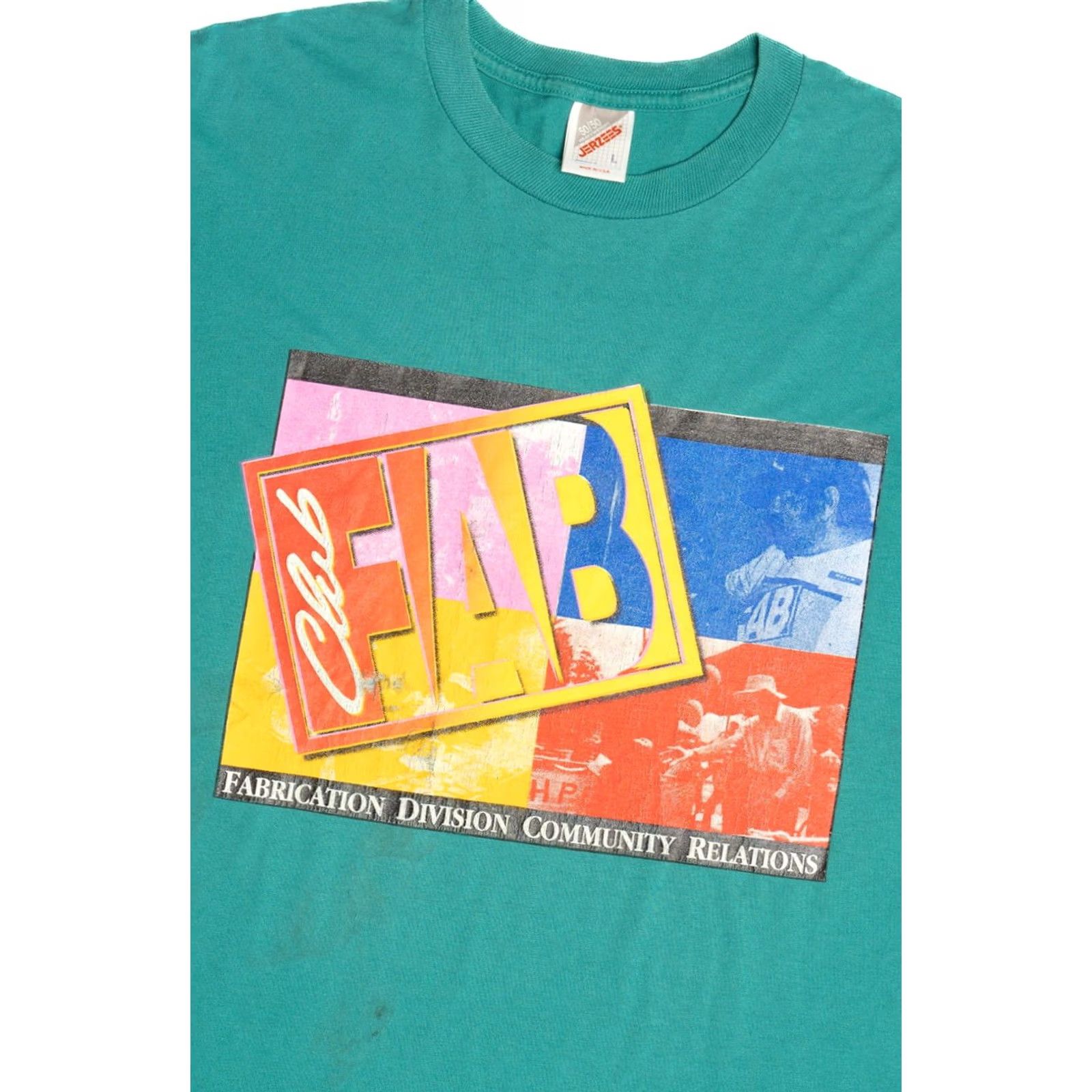Jerzees VINTAGE Jerzees T-Shirt Club Fab Fabrication Division 1990s Unisex Adults Large Blue Green Cotton Polyester Tee Shirt Mens Womens Boys Girls Size US L / EU 52-54 / 3 - 2 Thumbnail