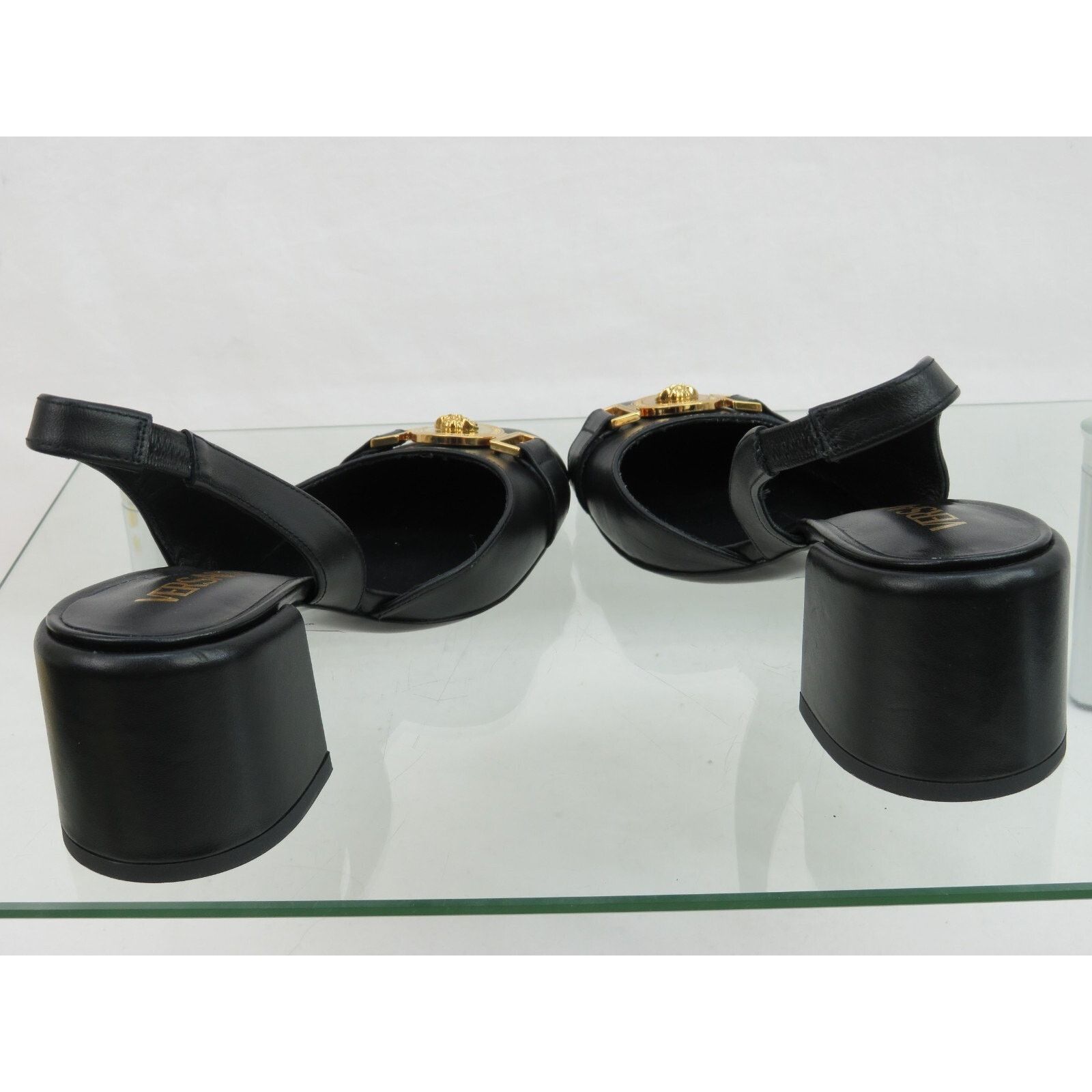 Versace VERSACE BLACK LEATHER GOLD MEDUSA SANDALS LOW HEEL PUMPS 37 Size US 7 / IT 37 - 10 Thumbnail