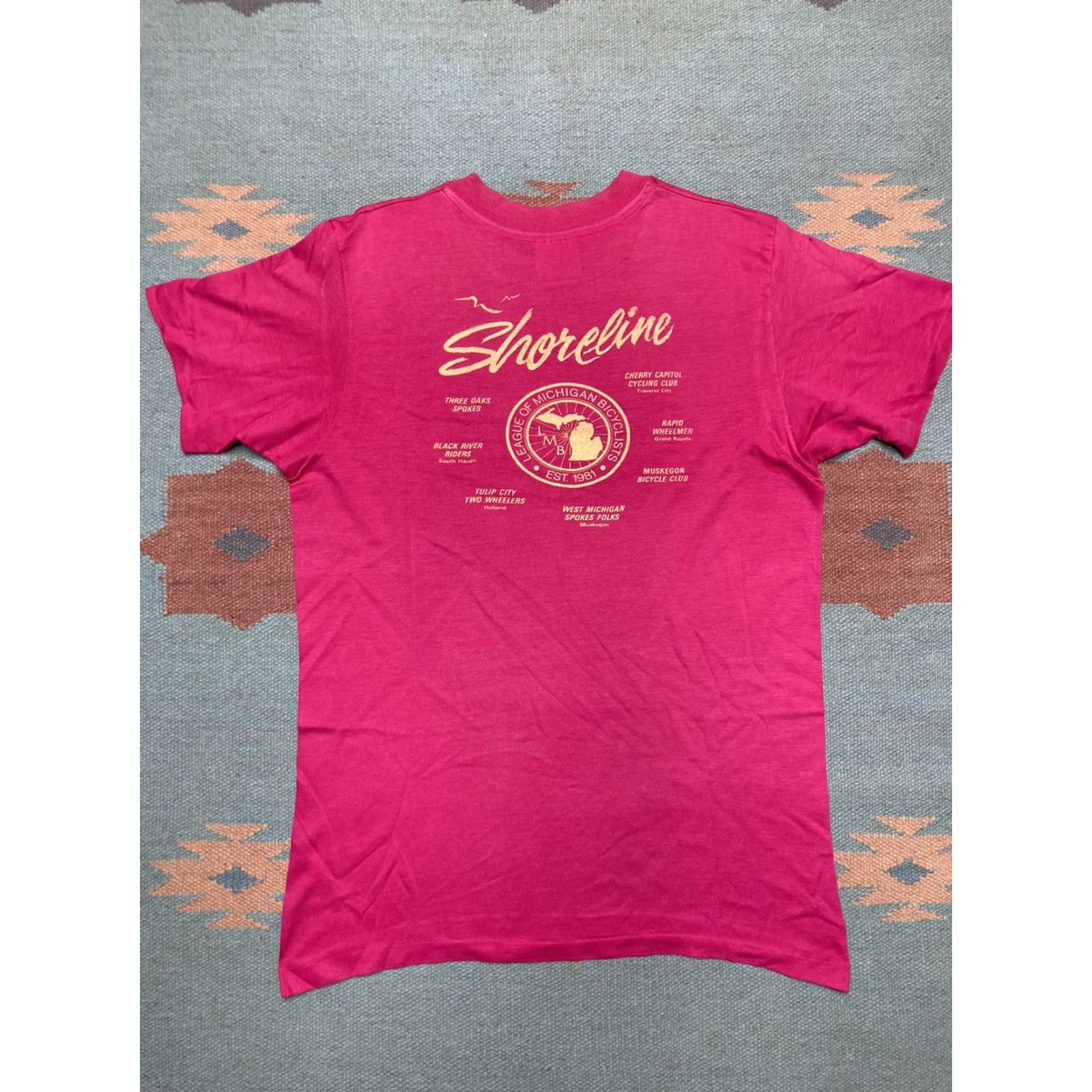 Vintage VINTAGE 1988 bicycle tour t shirt Michigan shoreline Lake traverse Mackinaw Medium Pink Mens Shirt Size US M / EU 48-50 / 2 - 7 Thumbnail