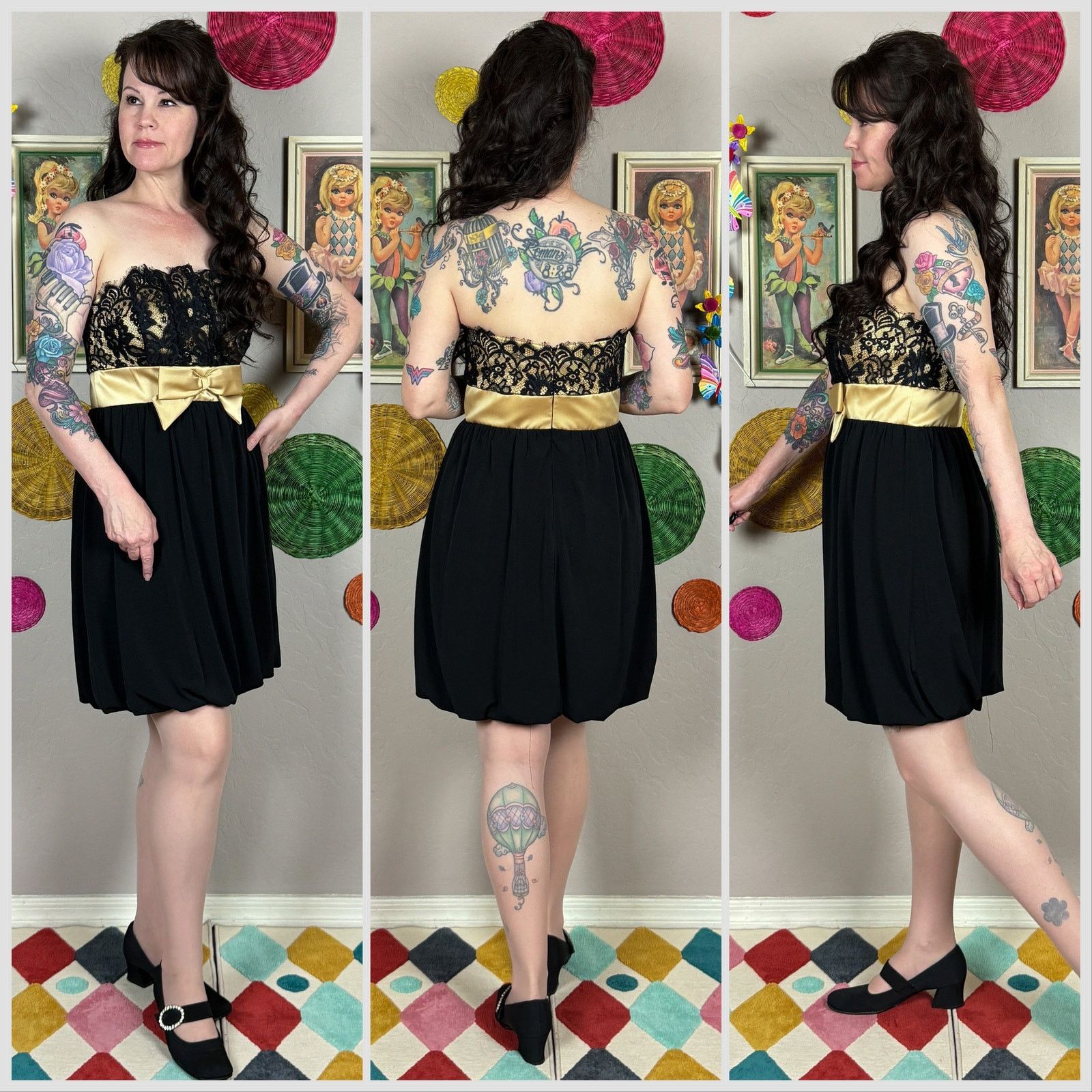 Vintage Y2K Black and Gold Satin and Lace Bubble Hem Mini Prom Dress Size S / US 4 / IT 40 - 2 Thumbnail
