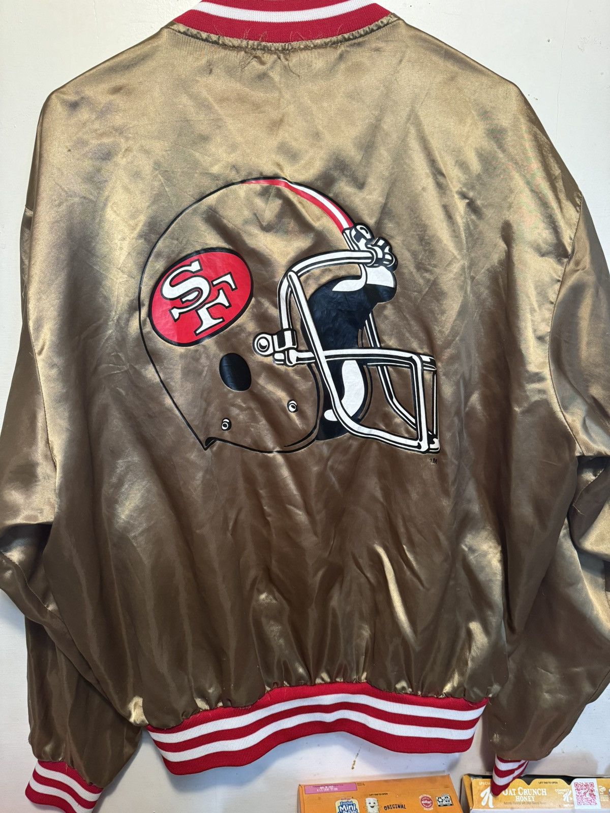 image of Nfl x Swingster Vintage 80’S Swingster 49Ers Jacket Big Helmet in Gold, Men's (Size XL)