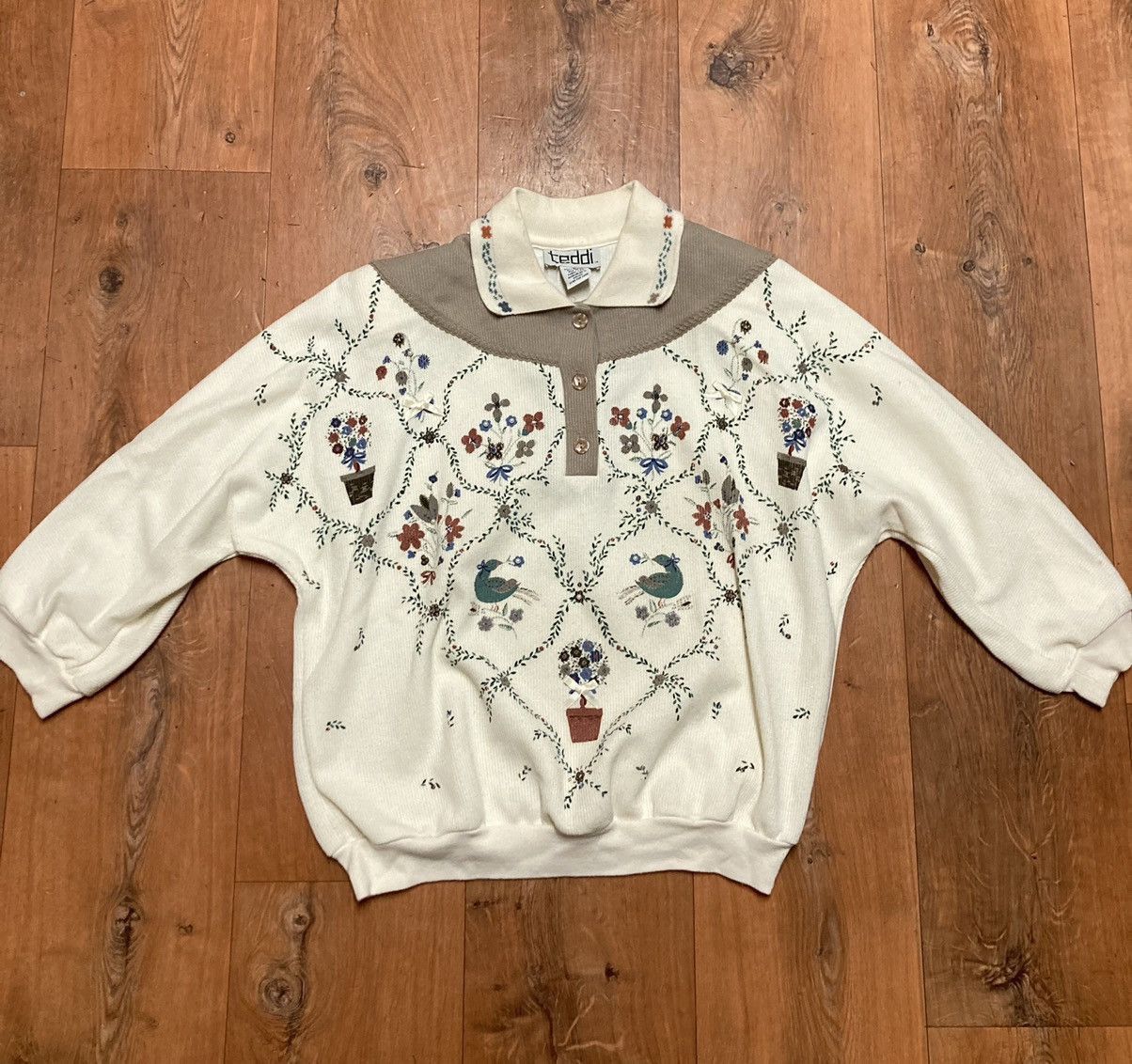 Teddy Fresh Vintage 80s TEDDI Floral Birds Knit Pullover Sweater MEDIUM Size M / US 6-8 / IT 42-44 - 1 Thumbnail