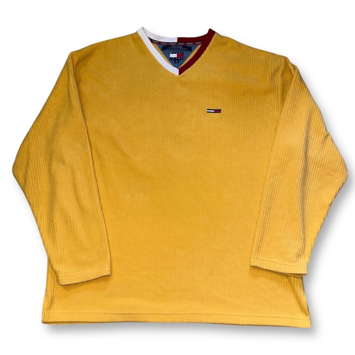 Tommy Hilfiger × Vintage VTG Y2K Tommy Hilfiger Yellow Corduroy Style Fleece V-Neck Size US XL / EU 56 / 4 - 1 Thumbnail