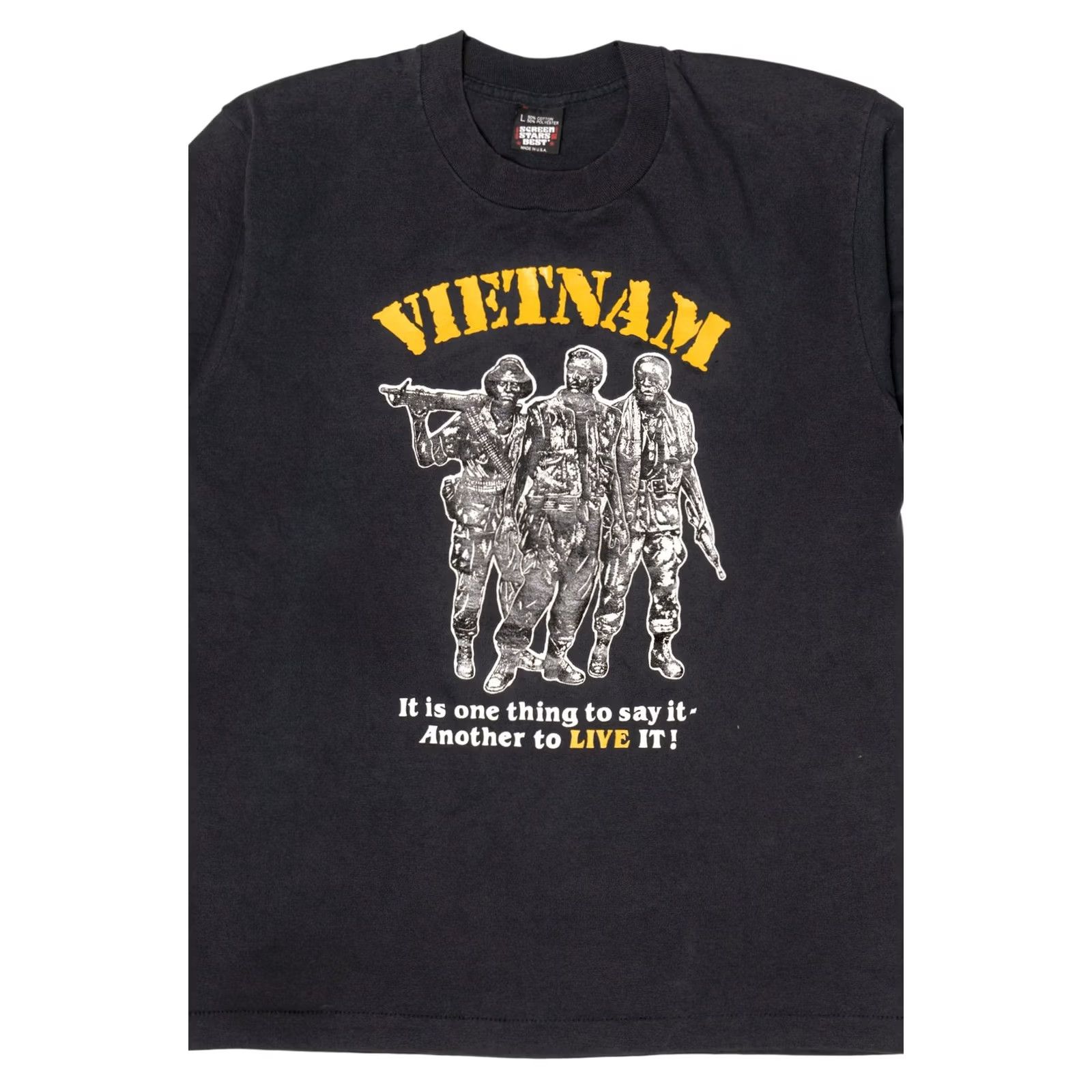 Vintage Vintage Vietnam Soldiers "Its One Thing To Say It" Black T-Shirt (1990s) - Screen Stars Large Unisex Cotton/Poly Short Sleeve Tee Size US L / EU 52-54 / 3 - 5 Thumbnail