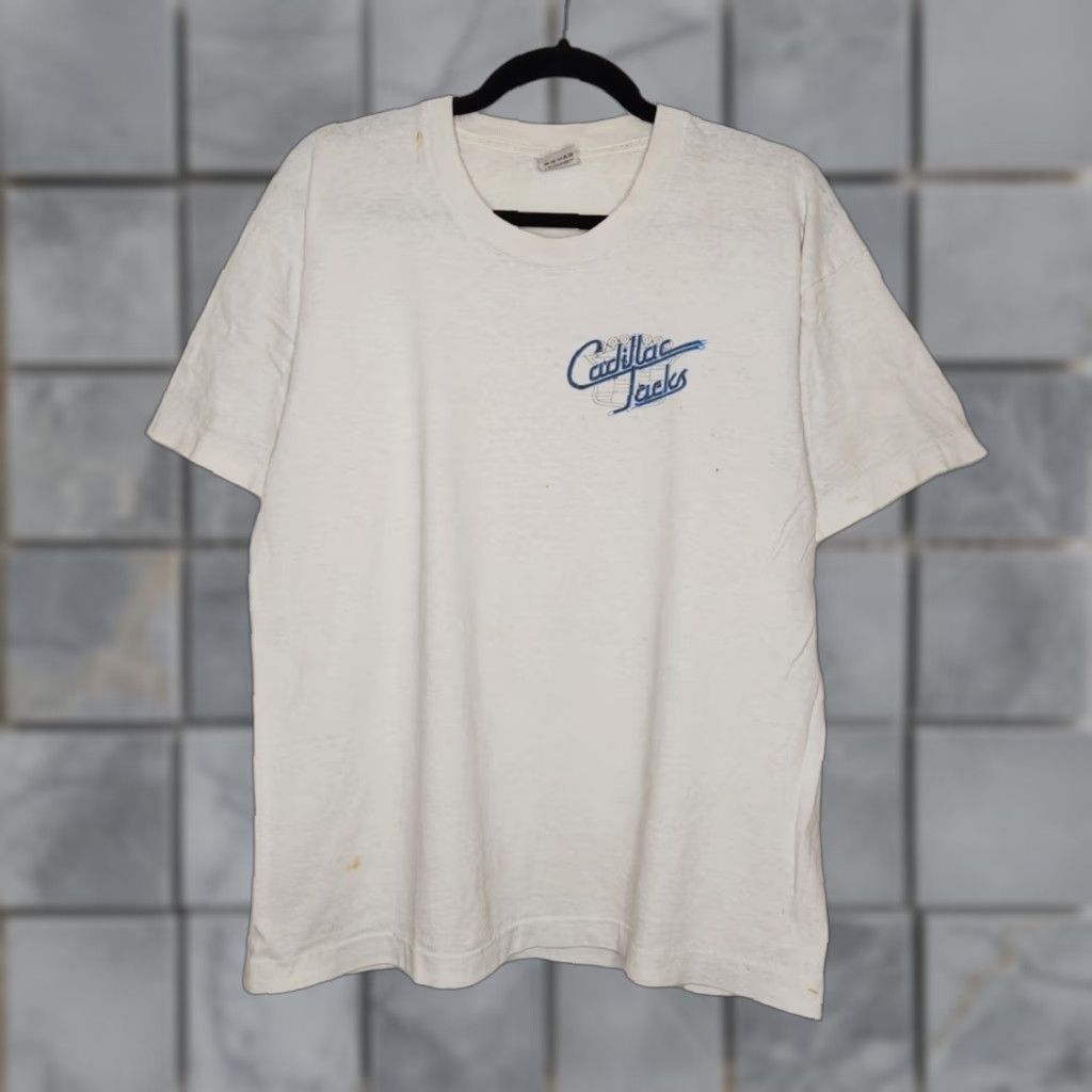 Fruit Of The Loom VINTAGE y2k Cadillac Joes Car Auto Double Sided Single Stitch Large Faded Worn Shirt Mens Large White Fruit of the Loom 90s Size US L / EU 52-54 / 3 - 1 Thumbnail