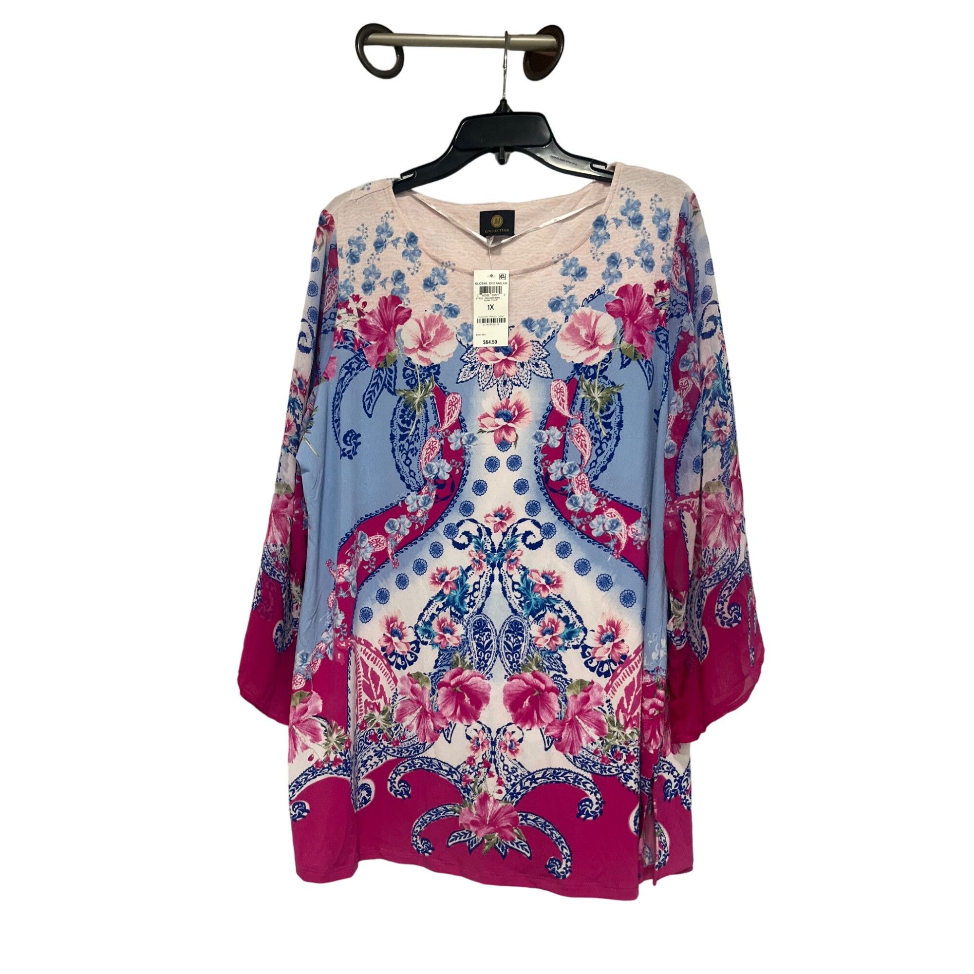 JM Collection JM Collection Tulip Sleeve Plus Size Printed Top, Fuchsia, 1 Size ONE SIZE - 2 Thumbnail