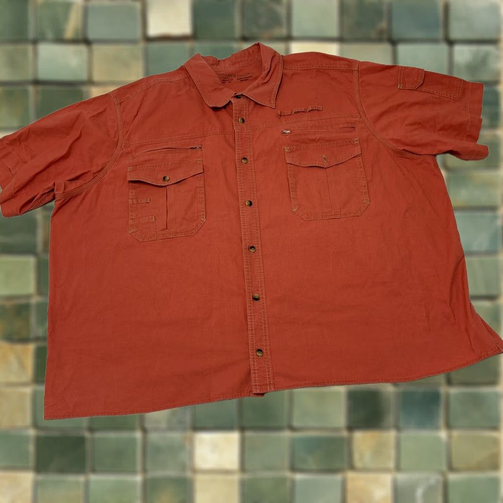 Vintage Boulder Creek Button-Up Shirt 4XL Men Short Sleeve Salmon Pocket Fish Safari Pink Size US 39 - 1 Thumbnail