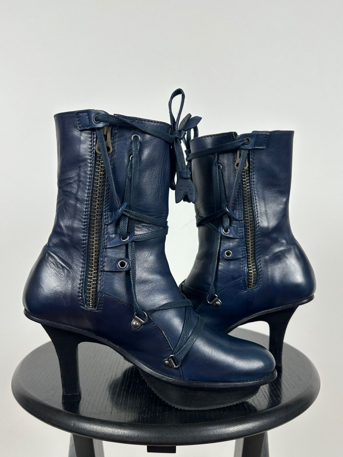 Marithe + Francois Girbaud Marithé + François Girbaud Navy Blue Leather Heeled Boots Size US 6 / IT 36 - 7 Thumbnail