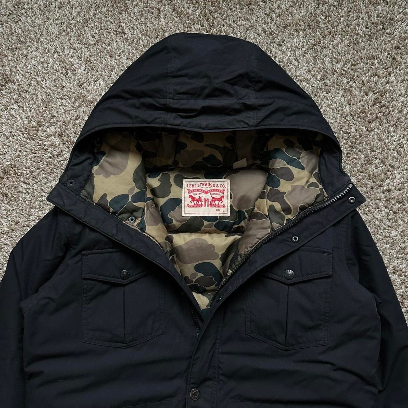 Levi's Rare 00s Levi’s Black Camo Insulated Down Puffer Jacket Coat Size US M / EU 48-50 / 2 - 1 Thumbnail
