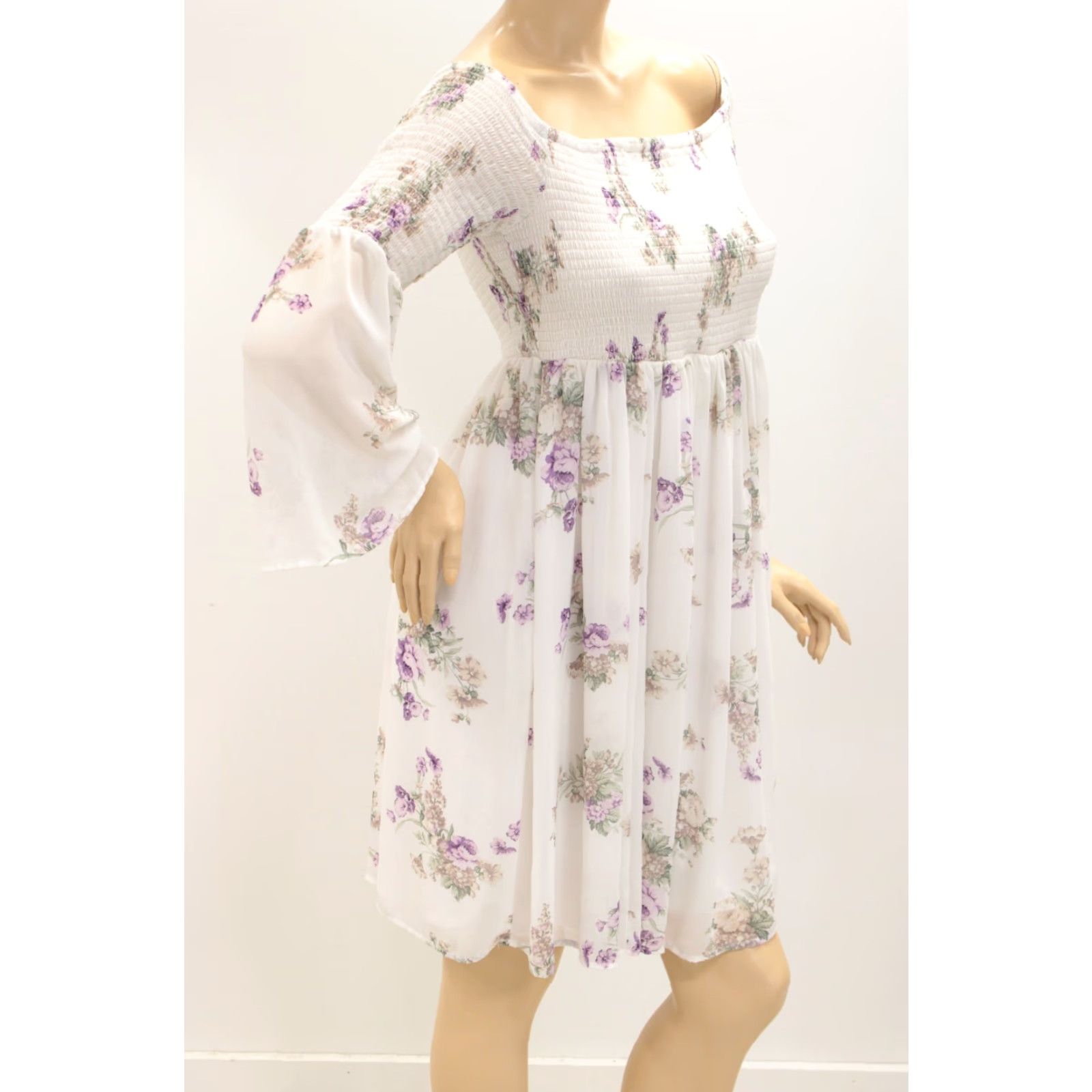 Torrid Torrid Dress Women’s 1X Midi White Chiffon Smocked Floral Bell Sleeves Lined Size XL / US 12-14 / IT 48-50 - 4 Thumbnail
