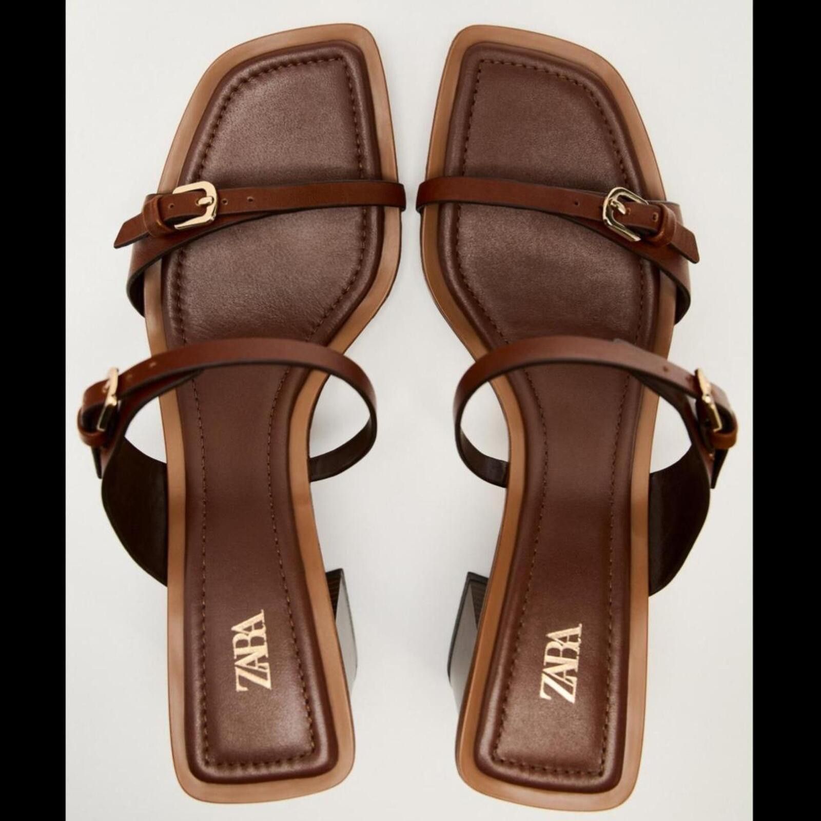 Zara Zara brown leather sandals with gold buckle detail Size US 9 / IT 39 - 5 Thumbnail