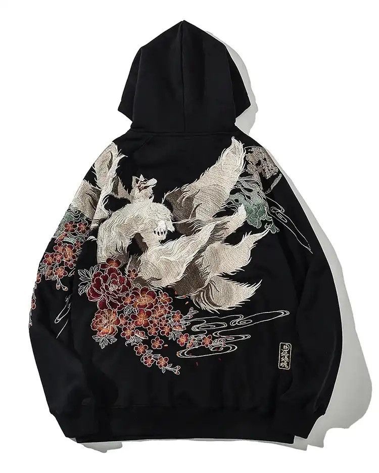 image of Vintage Embroidered Fox Japanese Streetwear Hoodie in Black, Men's (Size Large)