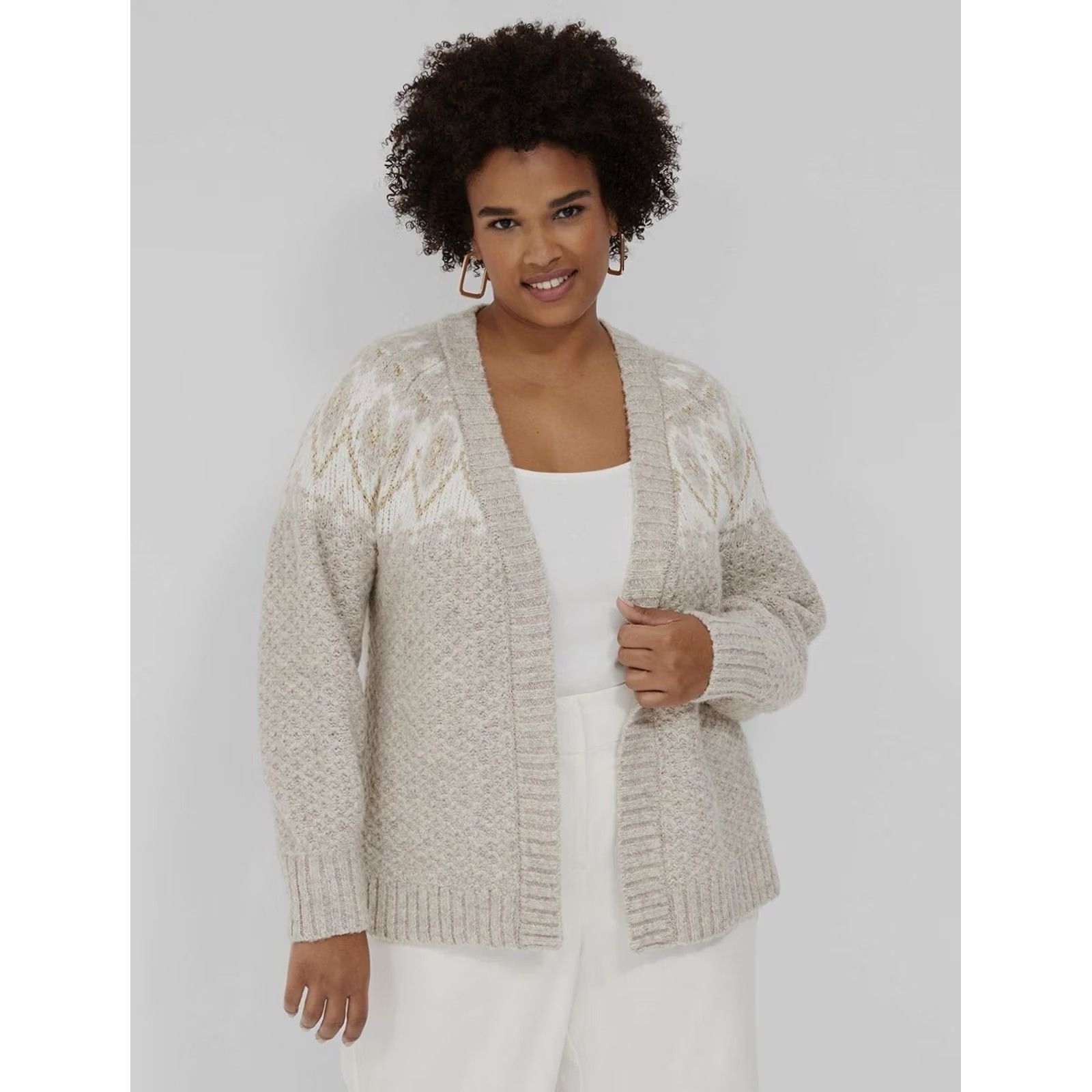 Vintage VINTAGE Lane Bryant Women Oatmeal Heather Fair Isle Lurex Open Cardigan Sweater 26/28 4X 4XL Size 4XL / US 24-26 - 5 Thumbnail