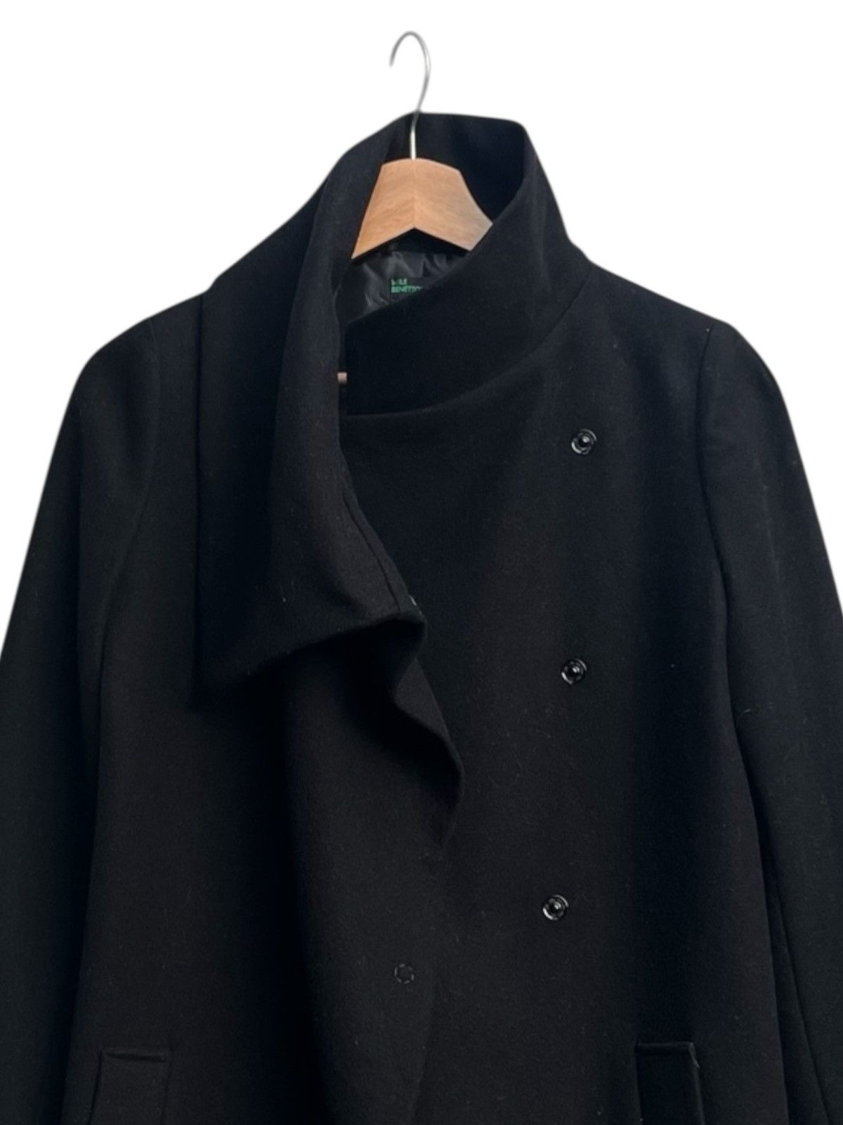 United Colors Of Benetton Stile Benetton Asymmetric Wool Wrap Coat Funnel Neck Black Size S / US 4 / IT 40 - 7 Thumbnail