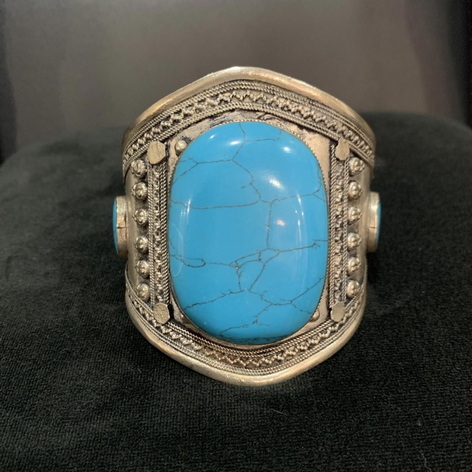 Other Vintage Afghani Silver Handmade Adjustable Bangle Turquoise Size ONE SIZE - 3 Thumbnail