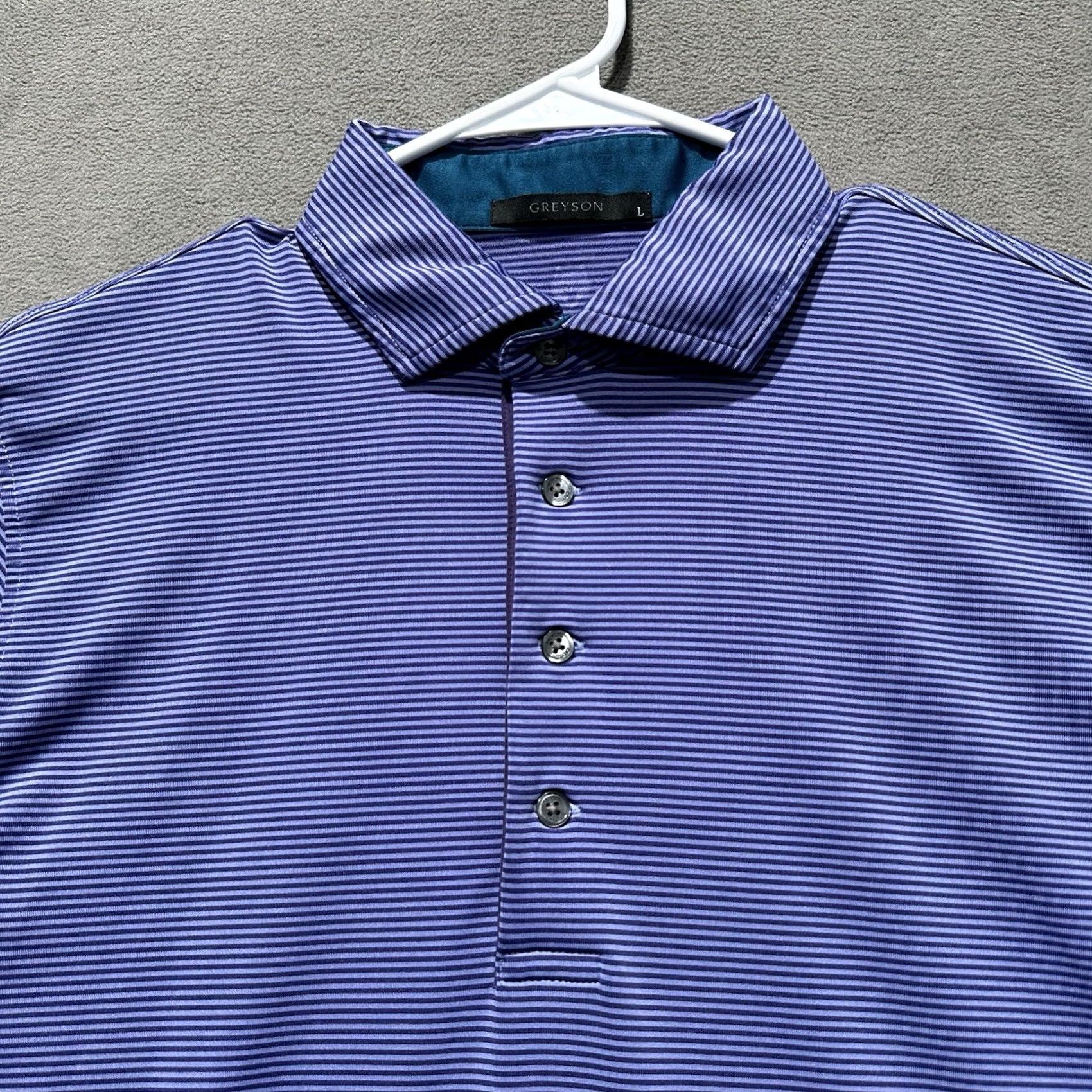 Vintage Greyson Shirt Mens Large Purple Striped Golf Polo Performance Wolf Logo Stretch Size US M / EU 48-50 / 2 - 3 Thumbnail