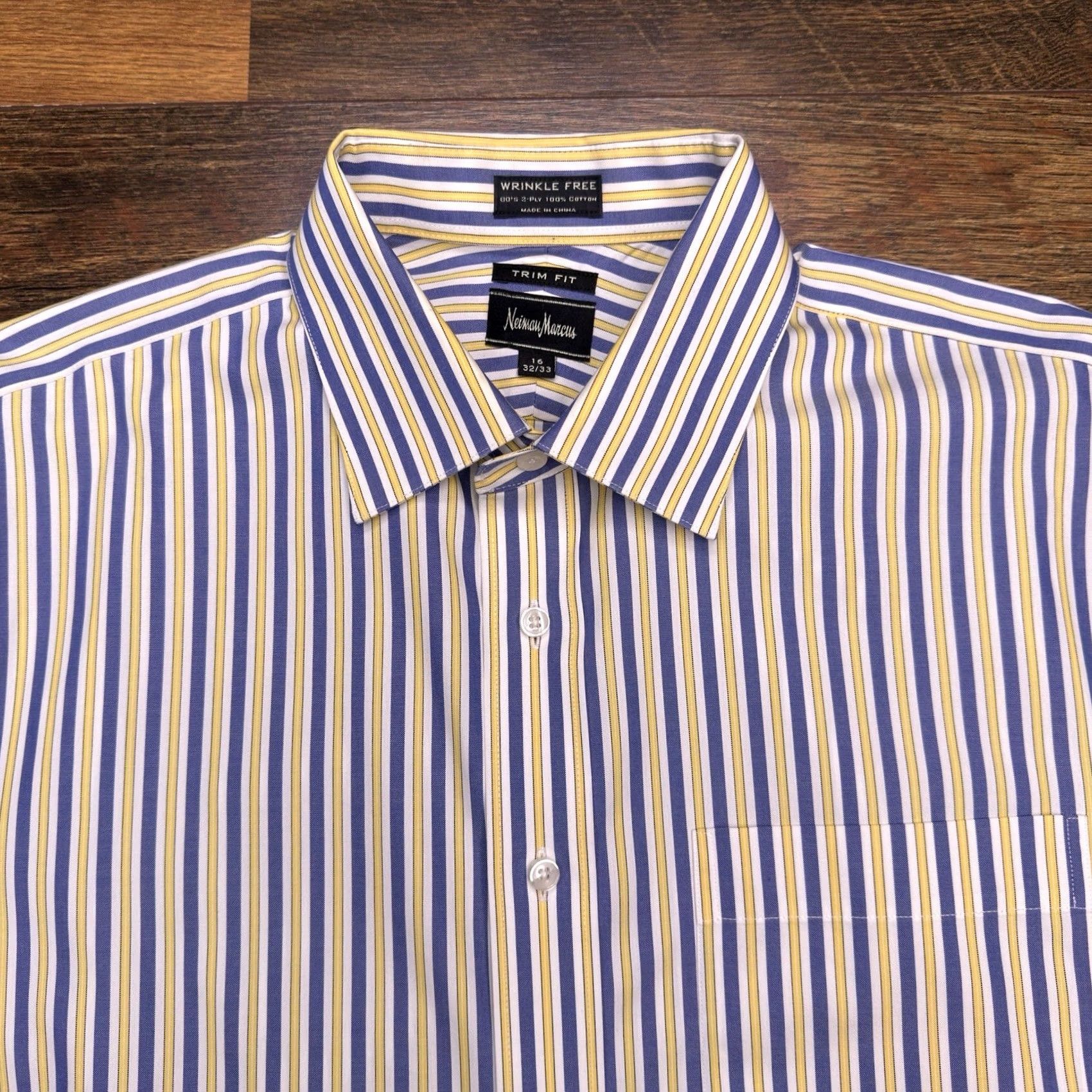 Neiman Marcus Neiman Marcus Shirt Mens 16 Slim Button Up Dress Shirt Yellow Striped 100% Cotton Wrinkle Resistant Size US L / EU 52-54 / 3 - 4 Thumbnail