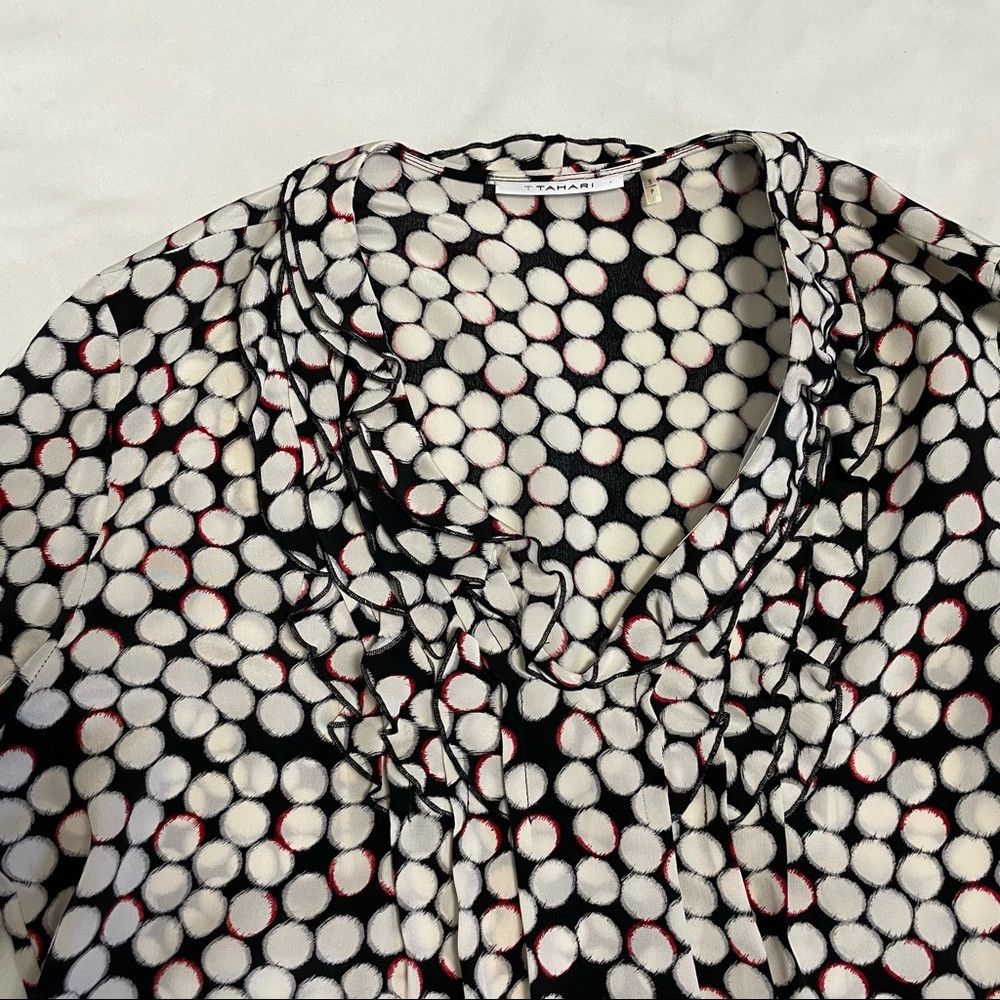 Elie Tahari T Tahari Silk Ruffles Black White Dots Blouse Size S Size S / US 4 / IT 40 - 6 Thumbnail