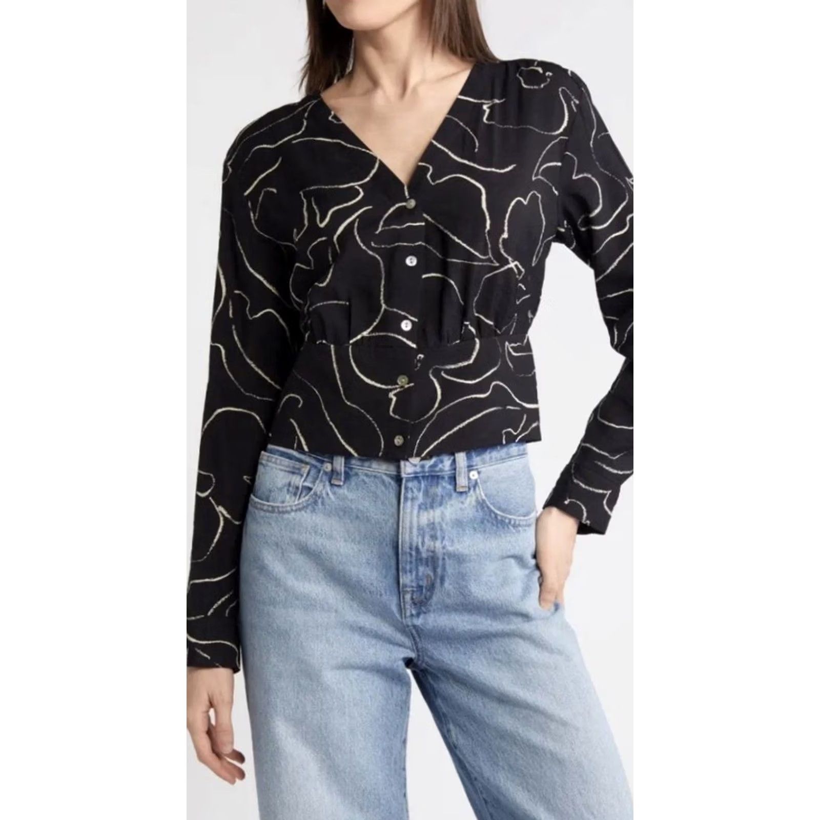 Madewell Madewell Shirt Women S Black V-Neck Button-Front Lusterweave EUC Size S / US 4 / IT 40 - 8 Thumbnail