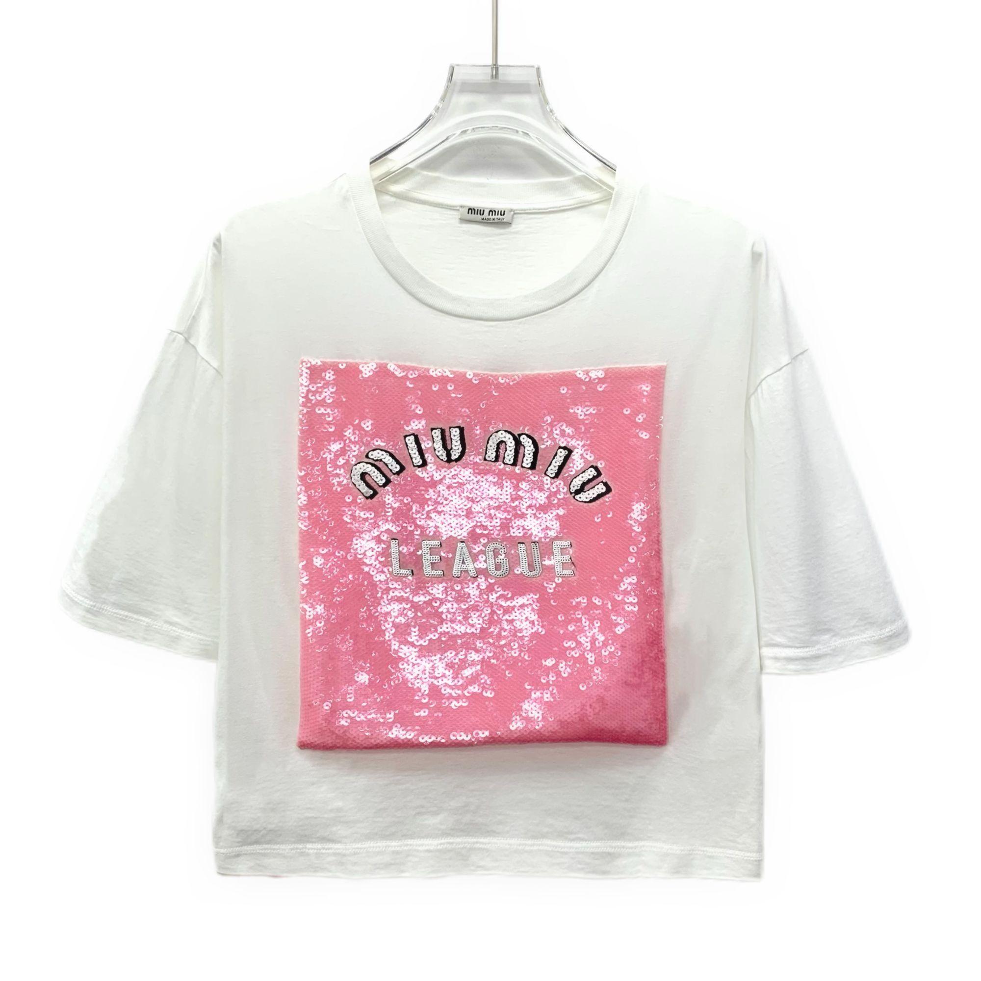 Miu Miu Miu Miu White Logo Sequined Cotton Round Neck Short Sleeve T Size L / US 10 / IT 46 - 1 Thumbnail