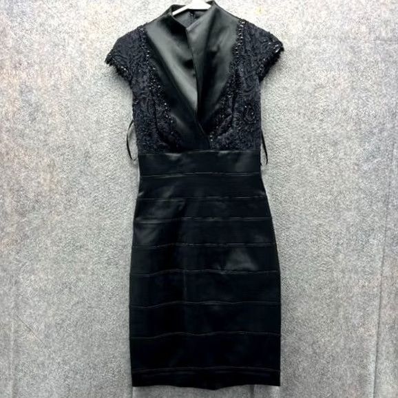 Tadashi Shoji Tadashi Shoji Dress Women 6 Black Sleeveless Sequin Beaded Collared Tiered Sheath Party Cocktail Wedding 6 Womens Black Satin Polyester Size M / US 6-8 / IT 42-44 - 2 Thumbnail