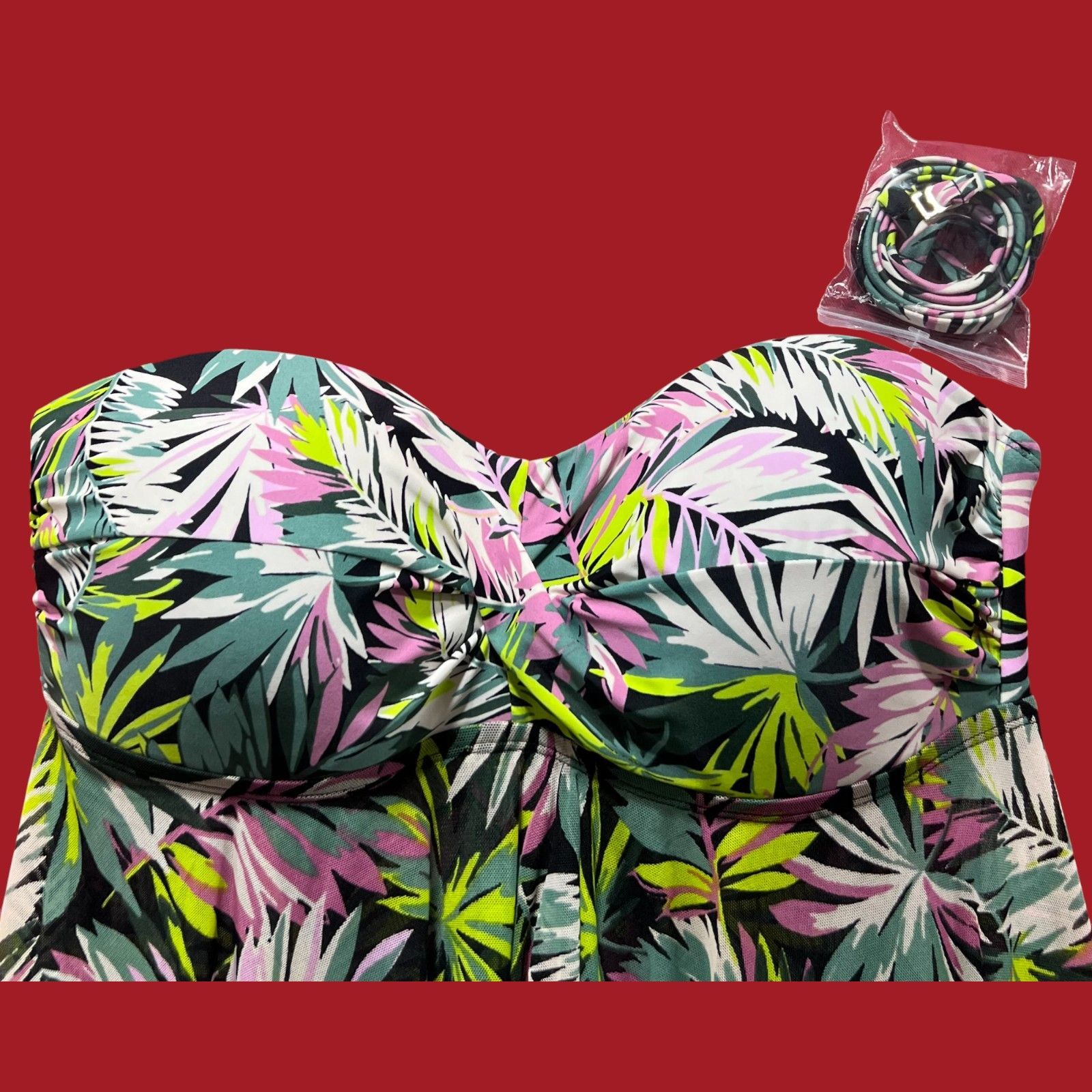 Other Kona Sol -Women's Tropical Leaf Print Flyaway Bandeau Tankin Size ONE SIZE - 13 Thumbnail