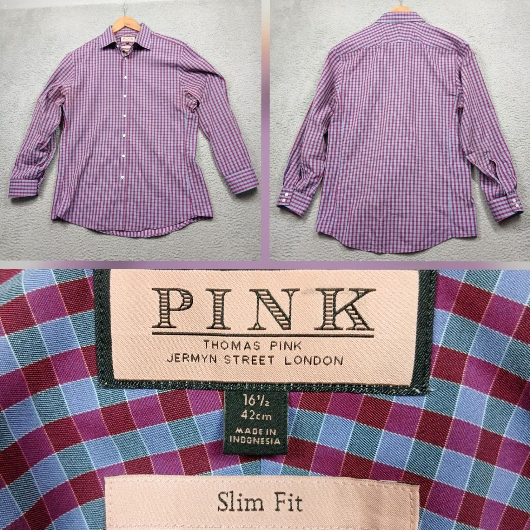 Vintage Thomas Pink Dress Shirt Slim Fit Men's 16.5 Purple Blue Size 46R - 2 Thumbnail