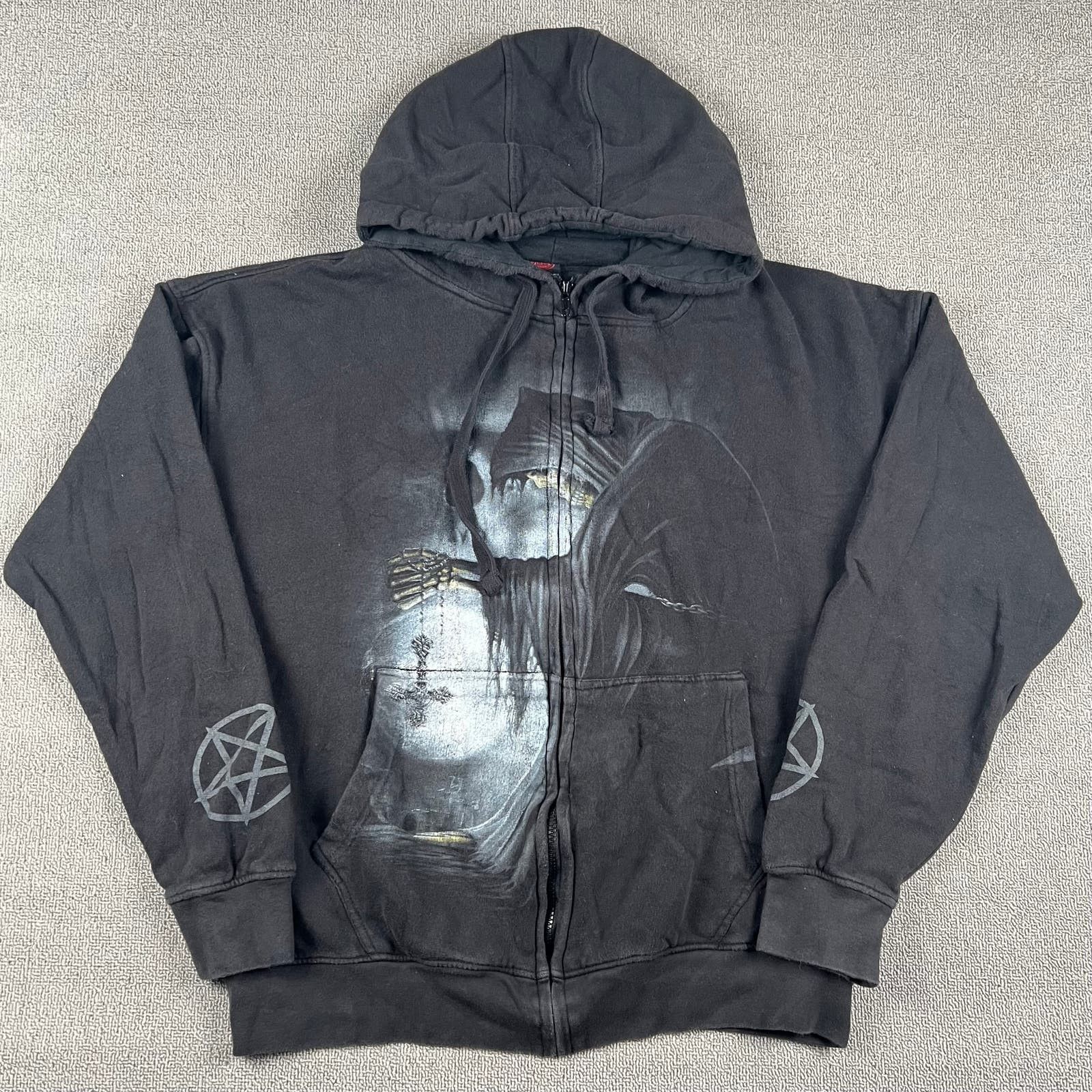 Image of Vintage Skull Crazy Y2K Graphic Zip Up Hoodie Sweatshirt in Black, Men's (Size 2XL)