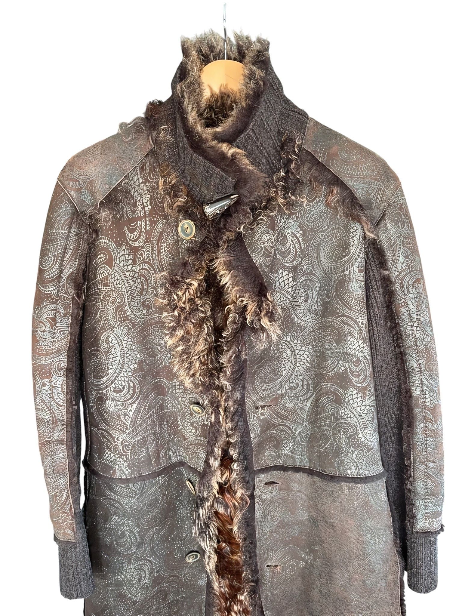 Roberto Cavalli MONGOLIAN LAMB FUR SHEARLING SUEDE LEATHER TATTOO HEAVY COAT Size XL / US 12-14 / IT 48-50 - 4 Thumbnail