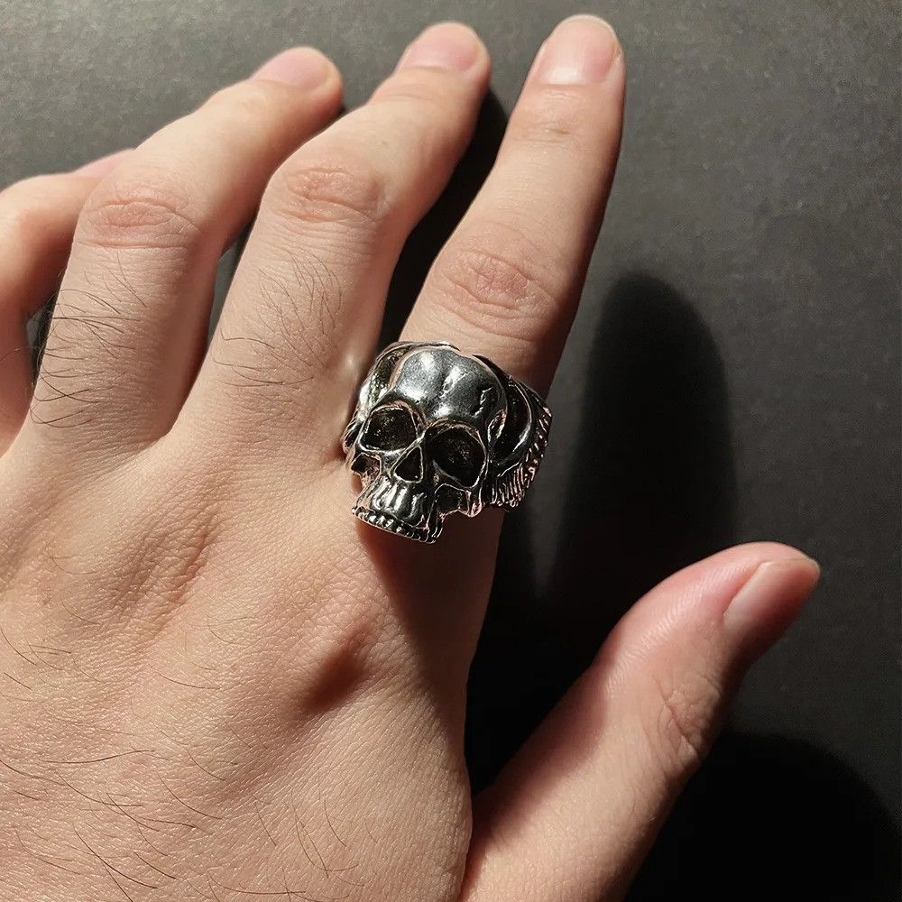 Jewelry x Vintage Retro Wings Skull Ring in Silver, Men's