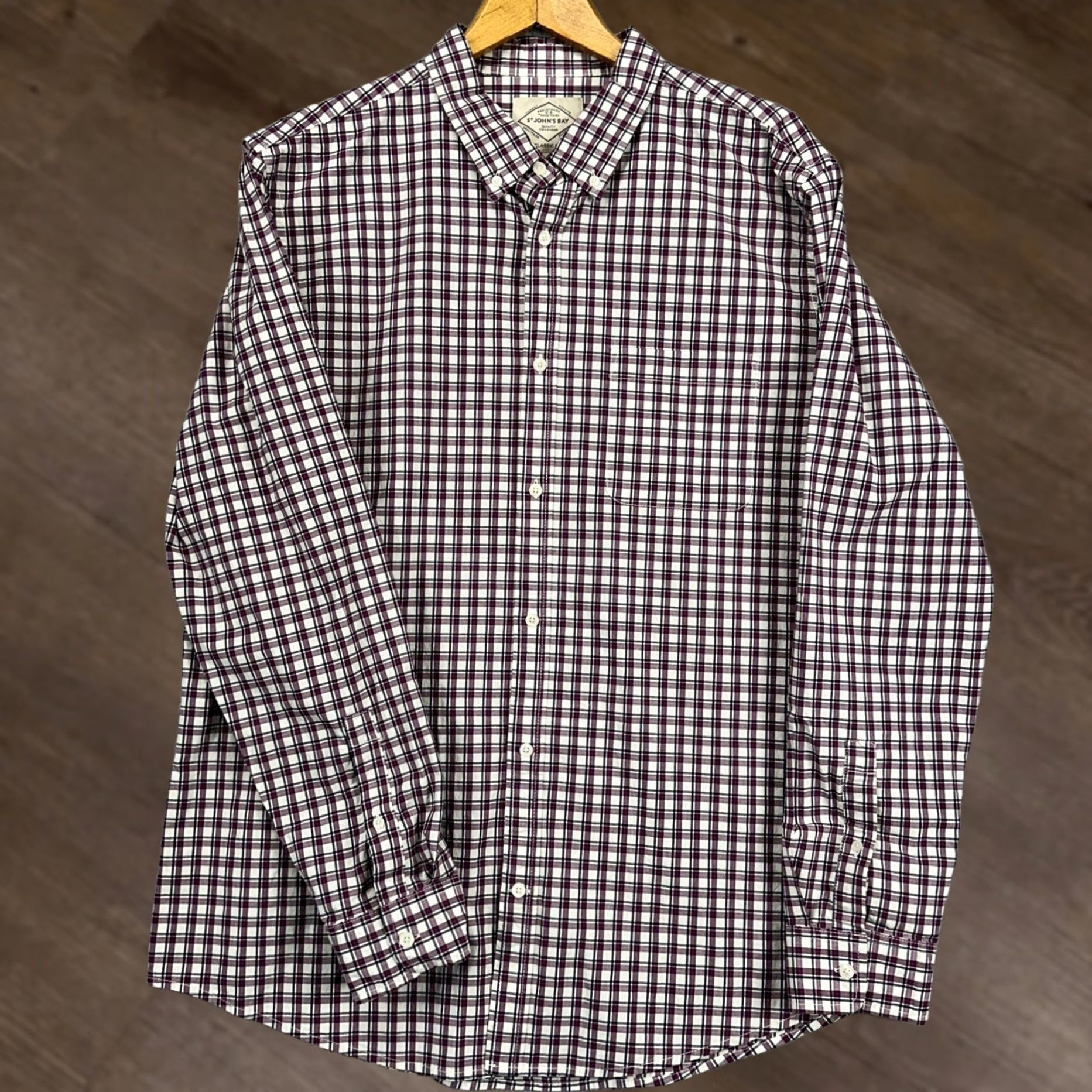 Vintage VINTAGE St. John's Bay Mens Button-Down Shirt XLT Tall Purple White Plaid Classic Fit NEW Size US XL / EU 56 / 4 - 1 Thumbnail