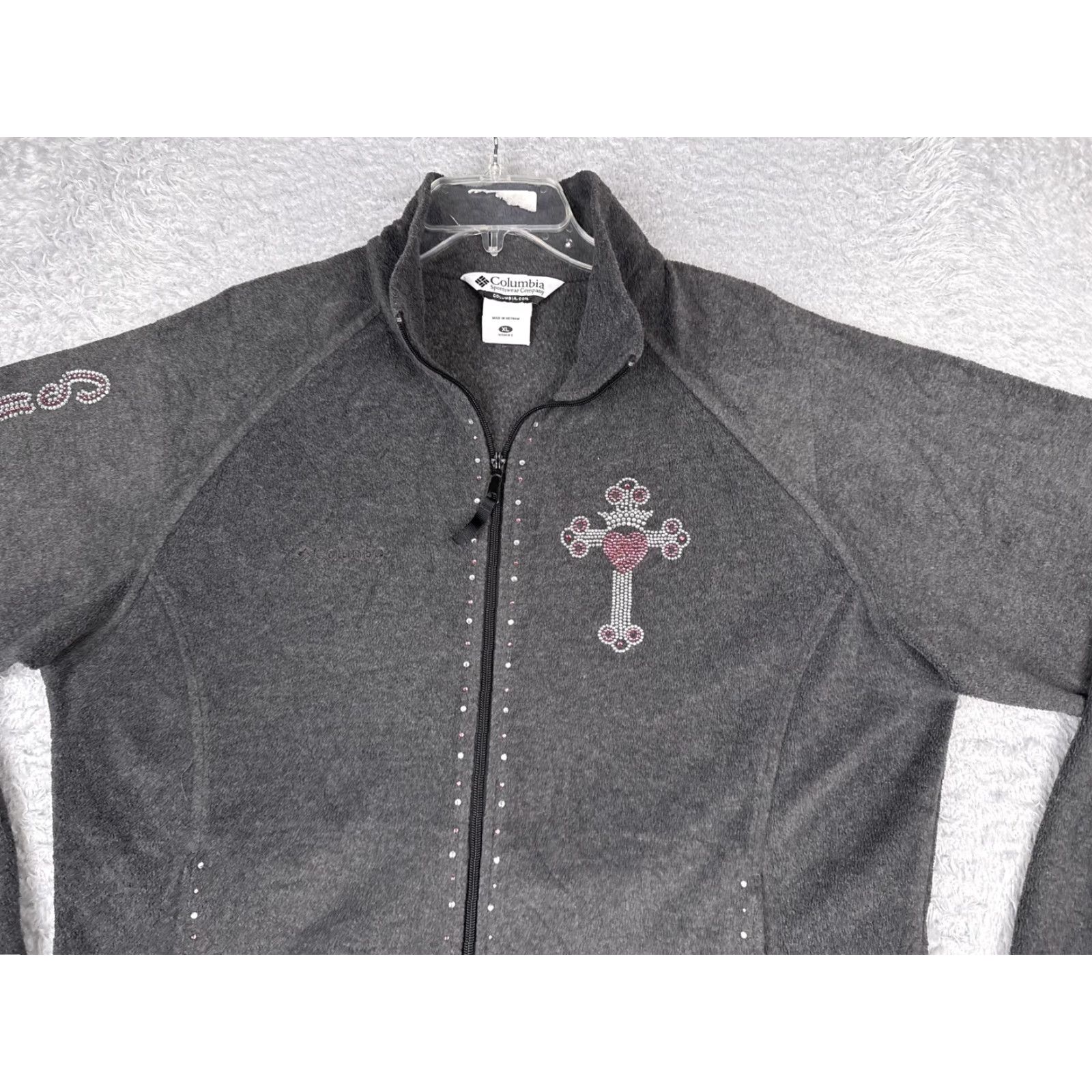 Pinko Columbia Jacket Women XL Gray Full Zip Rhinestone Cross Heart Pink Ribbon Fleece Size XL / US 12-14 / IT 48-50 - 4 Thumbnail